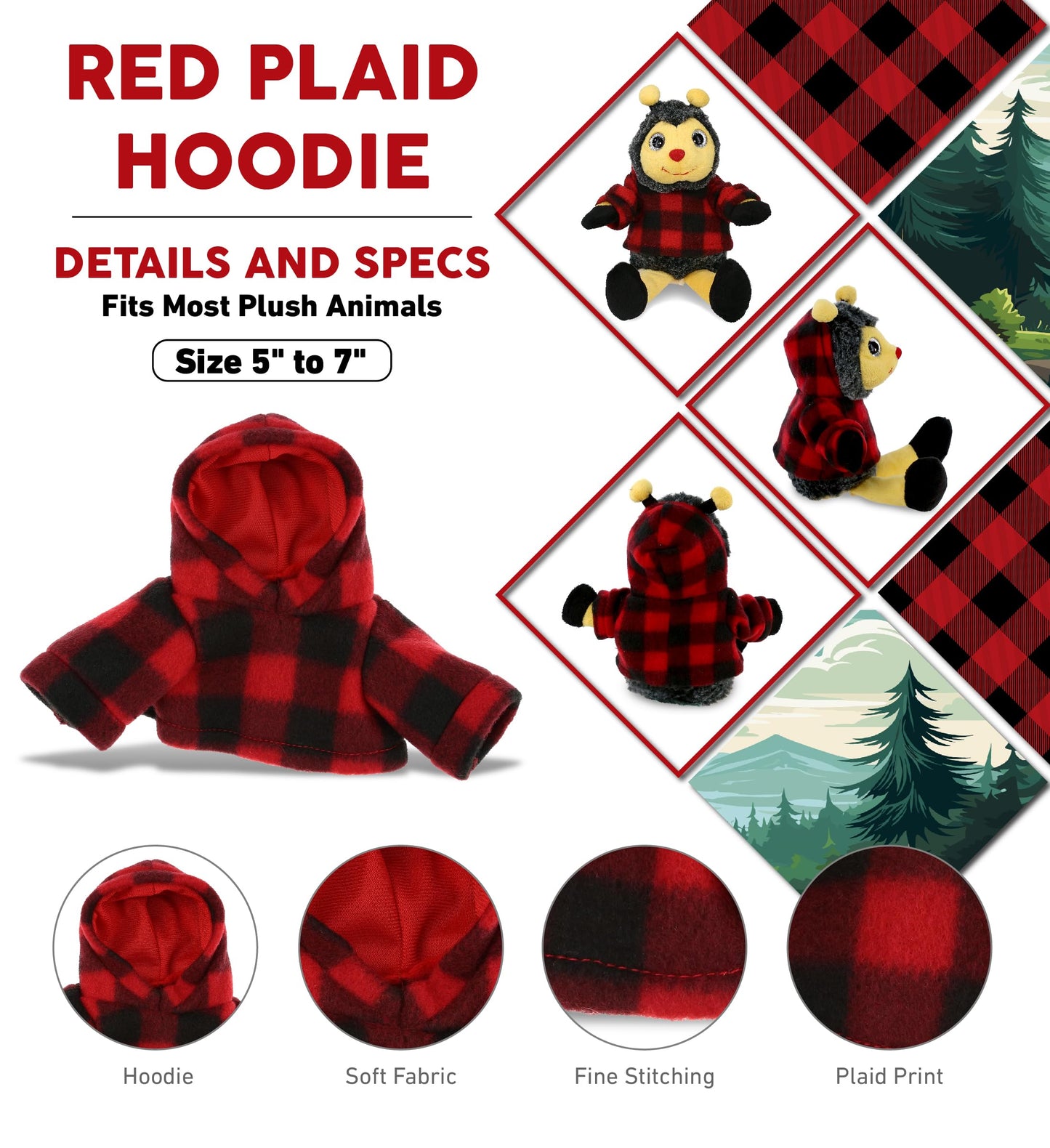 DolliBu Red Hoodie Plaid Jacket Teddy Bear Clothes - Cute Red Long Sleeve Shirt Plaid Flannel Sweater For Teddy Bear, Stuffed Animal Dress Up…