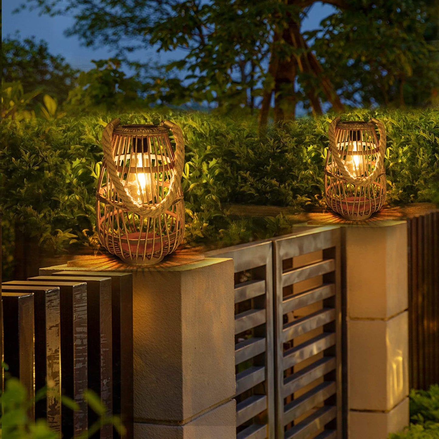 Natural Rattan Solar Lantern with Handle - Large Waterproof LED Decorative Garden Lights, Bright Rattan Solar Table Lamp for Yard, Patio, Wedding