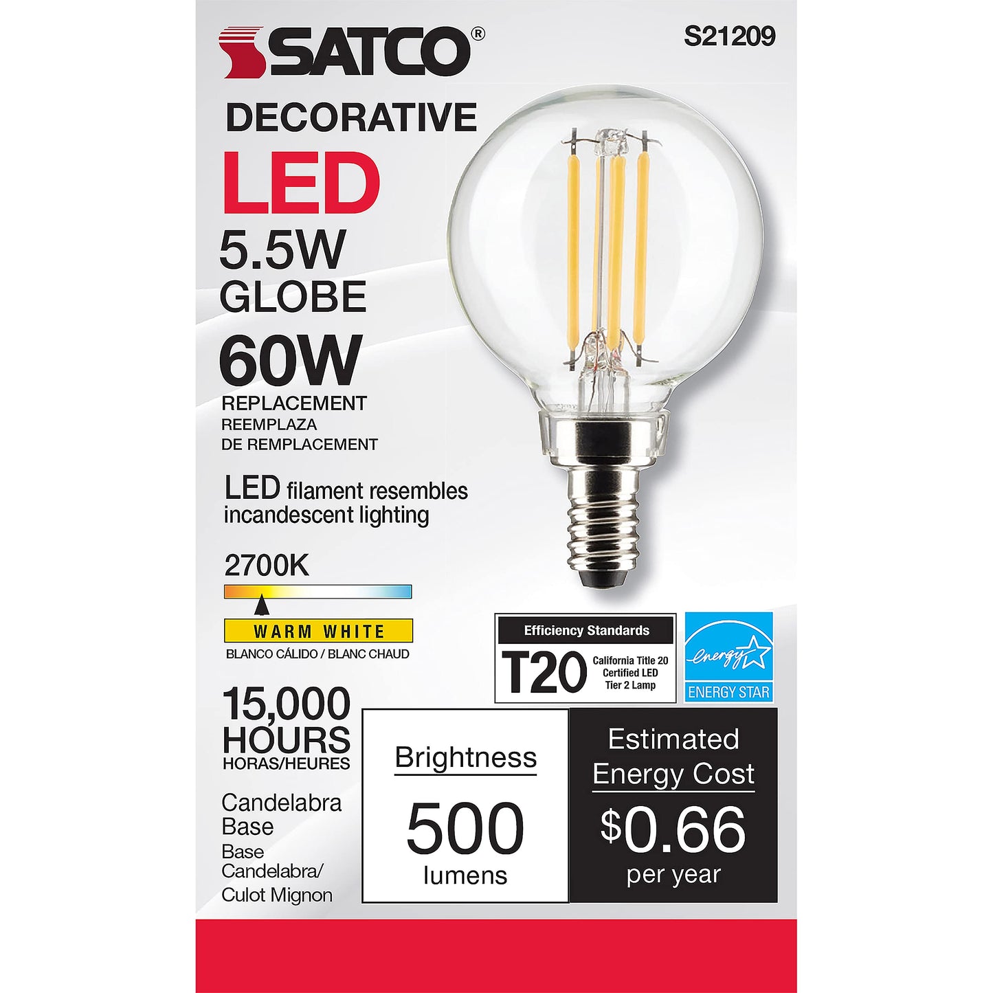 Satco 20524-5.5G16.5/LED/CL/927/120V/E12 S21209 Globe Style Antique Filament LED Light Bulb