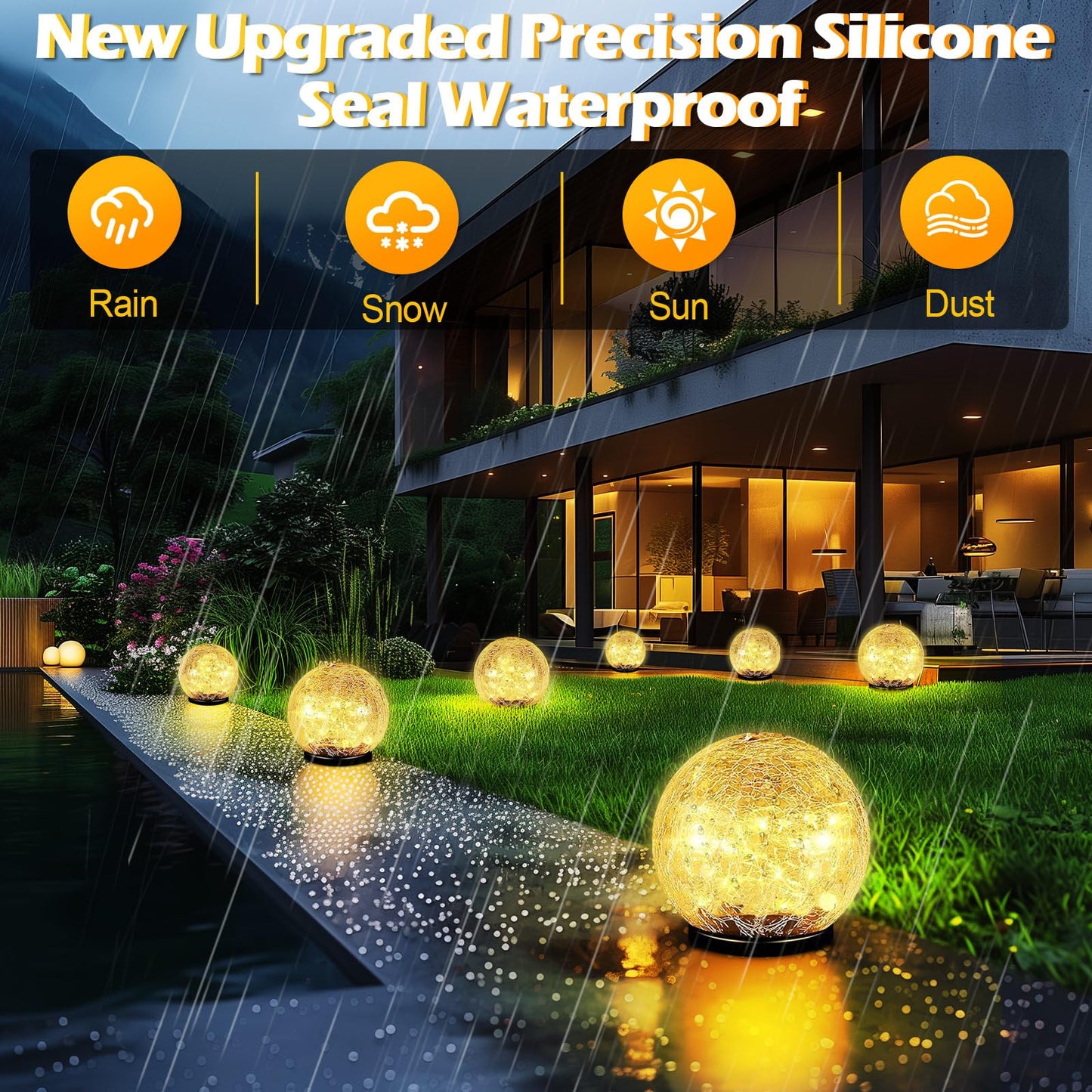 Coroor Garden Solar Ball Lights Outdoor Waterproof, 50 LED Cracked Glass Globe Solar Power Ground Lights for Path Yard Patio Lawn, Christmas