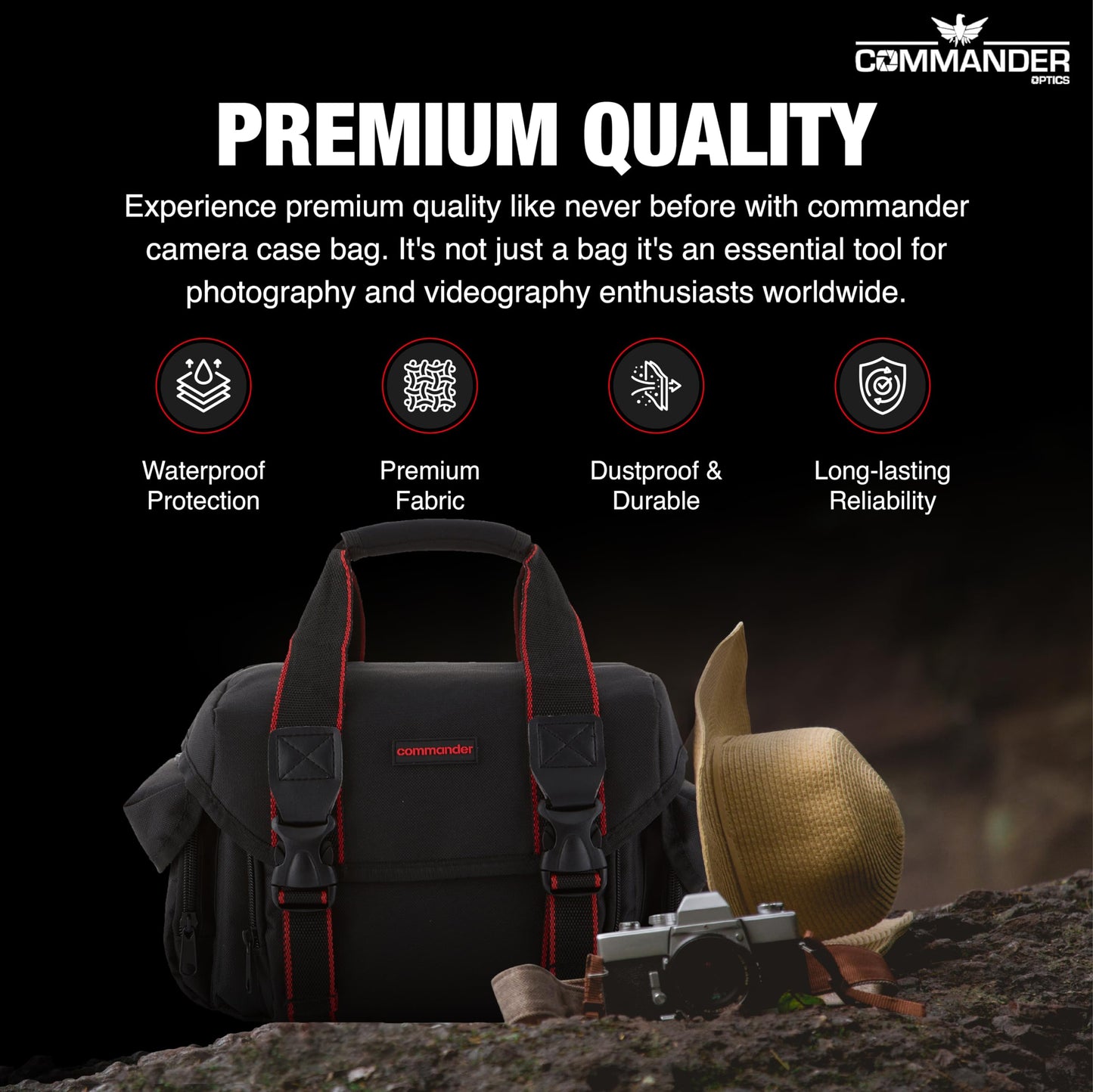 COMMANDER OPTICS Large Camera Bag - Water Resistant, Soft Padded, Spacious Travel Bag for Canon EOS, Nikon, Sony & More DSLR Cameras/Camcorders Ample