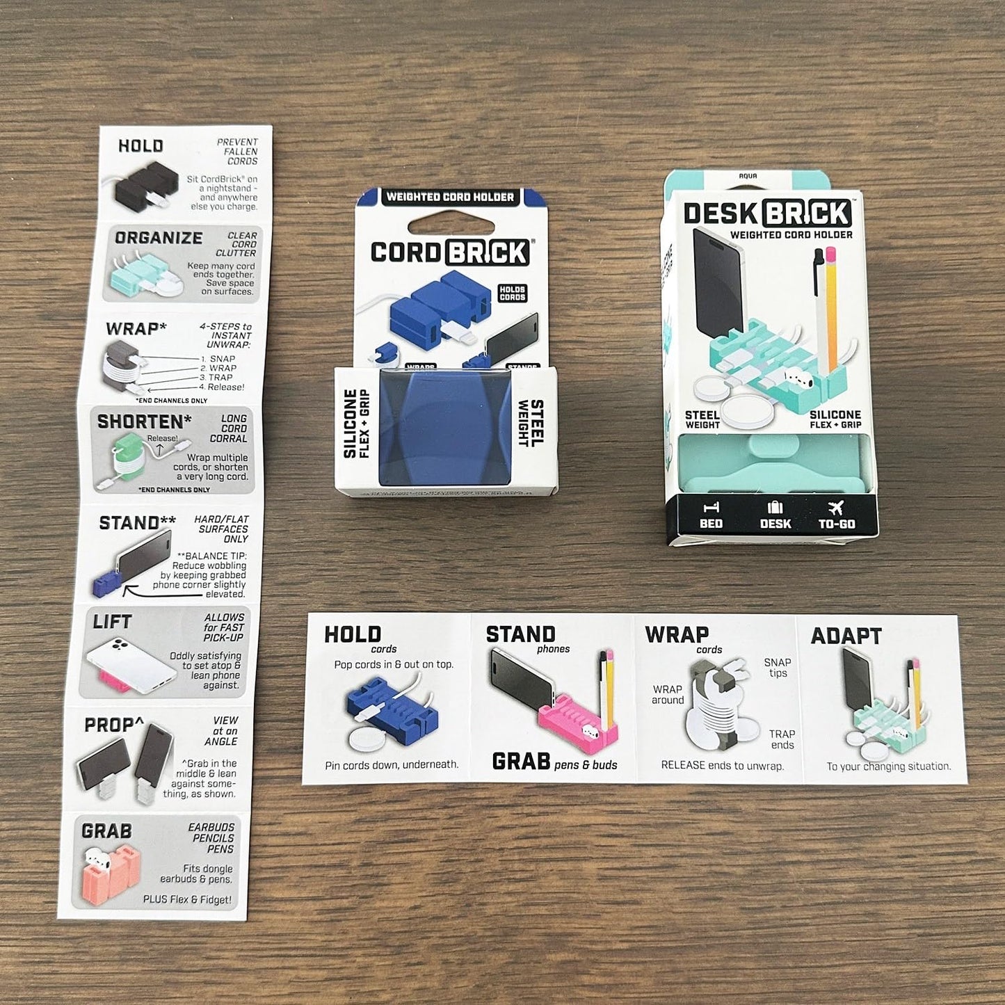 CordBrick/DeskBrick Bundle Weighted Cord Holders for Nightstand & Desk - Phone Charger Cable Management Travel, Phone Accessory, Stocking Stuffer