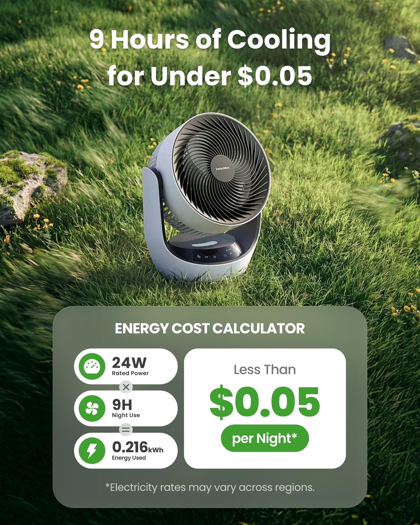 SwitchBot Smart Desk Fan for Bedroom, 3600mAh Rechargeable, Corded & Cordless Air Circulator, 90° Oscillation, 22dB Quiet, 9 Speeds, App & Remote
