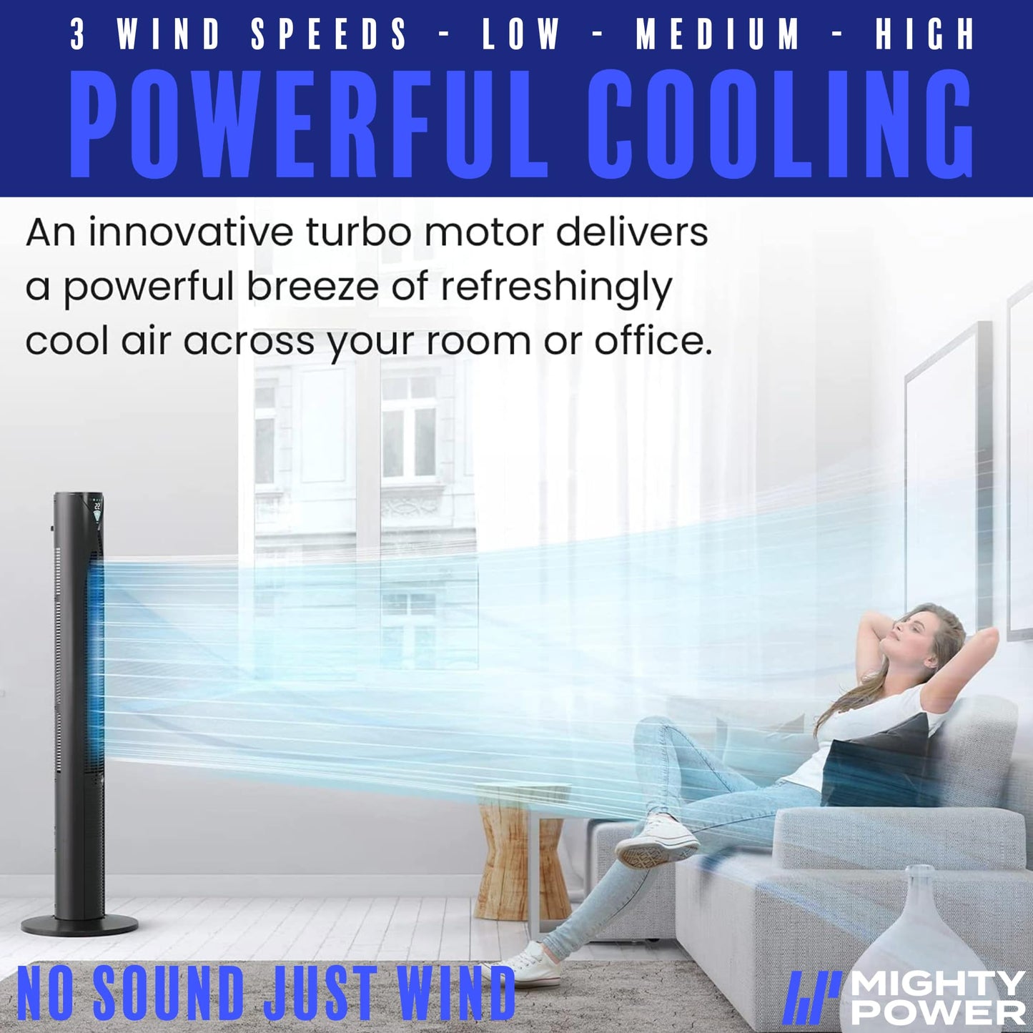 Mighty Power Tower Fan 38 Inch, Ultra-Quiet Oscillating Bladeless Fan with Remote, 3 Speeds, 4 Mode Types, LED Display, 12H Timer, Black, Floor