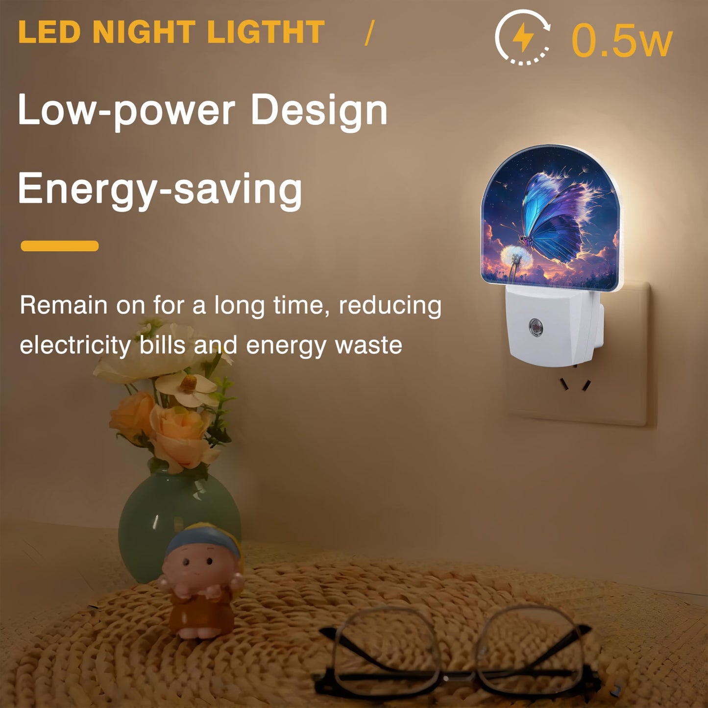FOISIIAEA Night Light, Colorful Dragonfly Night Lights Plug into Wall Dusk to Dawn Sensor Round Nightlight for Women Men Energy Efficient Led Lamp