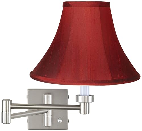 Possini Euro Design Swing Arm Wall Mounted Lamp Brushed Nickel Plug-in Light Fixture Dimmable Deep Red Dupioni Silk Bell Shade for Bedroom Bedside