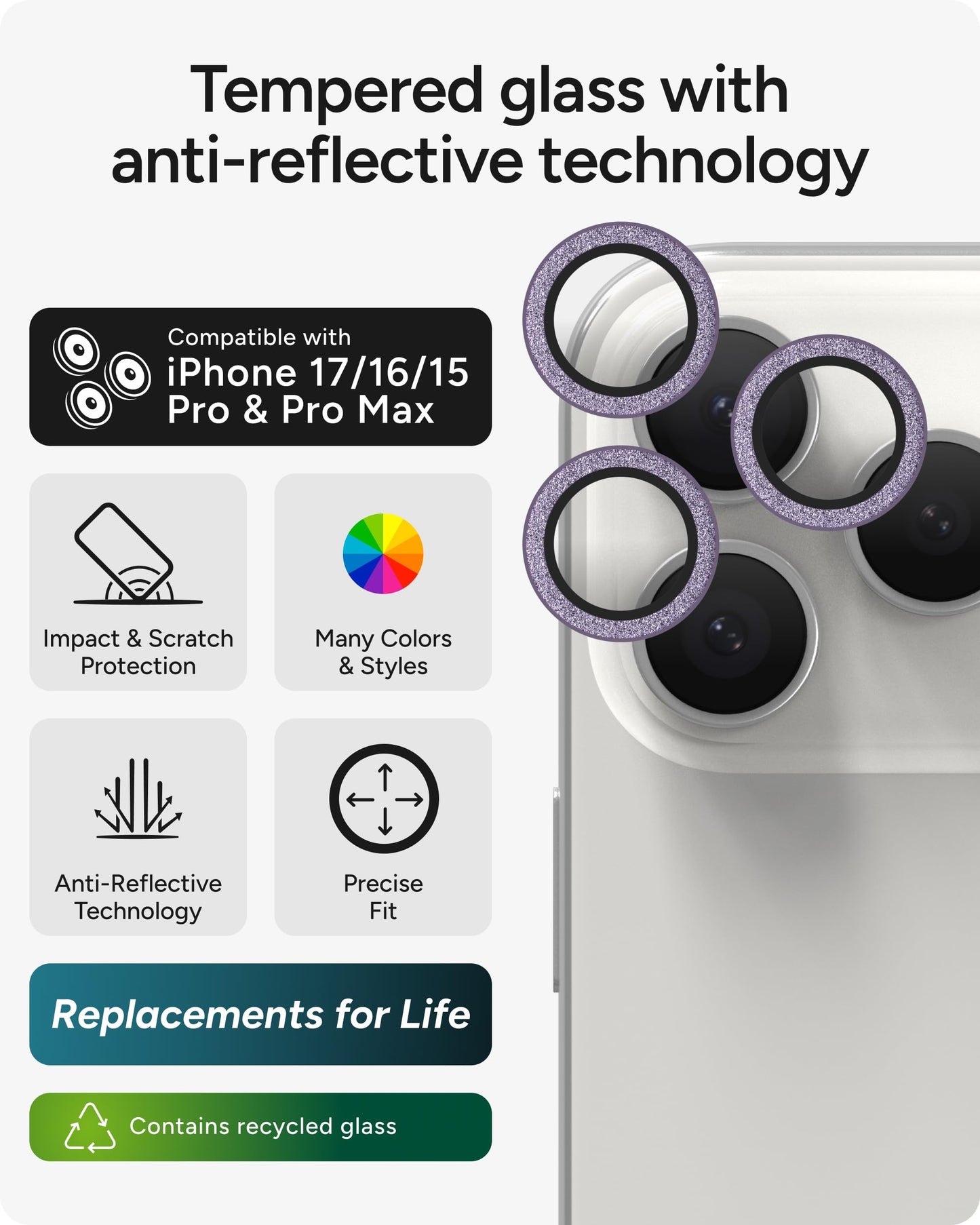 ZAGG iPhone Camera Lens Protector for iPhone 17/16/15 Pro and Pro Max Models - Purple Glitter, Camera Ring, Maximum Impact & Scratch Protection