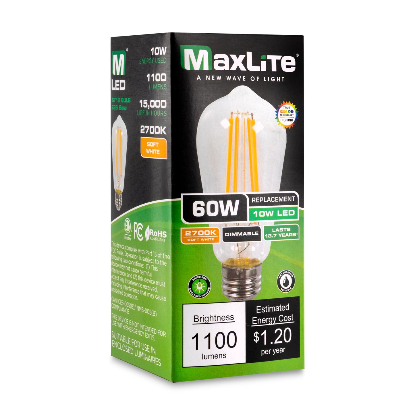 Maxlite F10ST19DLED927/JA81 10W ST19 Dimmable LED Bulb Enclosed Clear Filament, JA8 Listed - CRI 90, 2700K, LED Light Bulb, 100W Equivalent, 1100