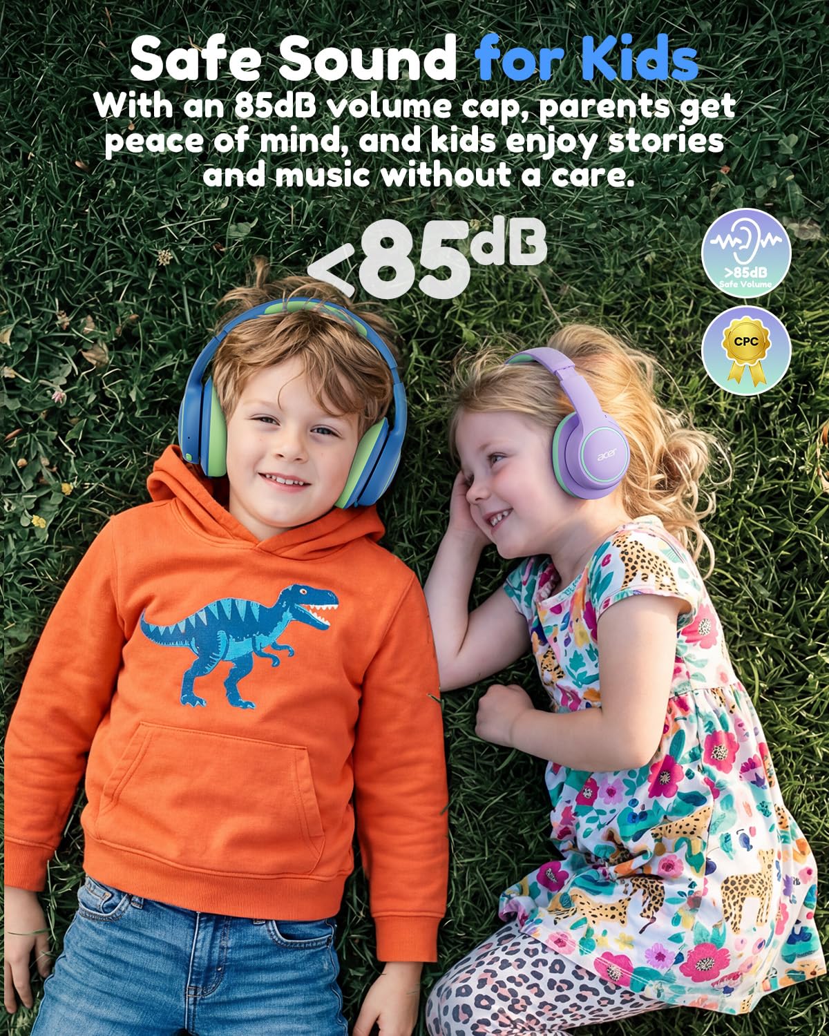 Acer Kids Bluetooth Headphones, Over Ear Headphone for Kids with Mic, 75H Playtime, 85dBA Safe Volume, Bluetooth 6.0, USB C Fast Charging, Toddler