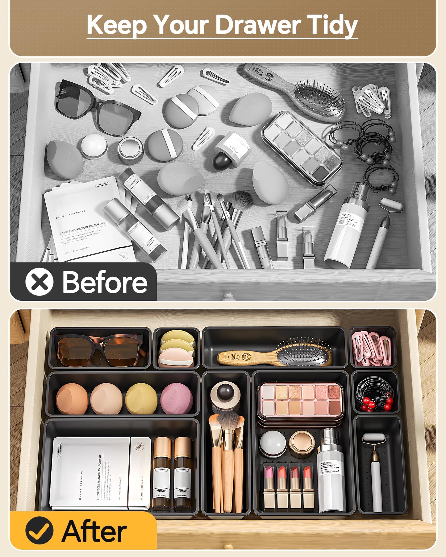 KEMETHY 25 PCS Plastic Drawer Organizers Set, 4 Sizes Vanity Organizer, Makeup and Desk Drawer Organizer Trays, Organization and Storage for Makeup