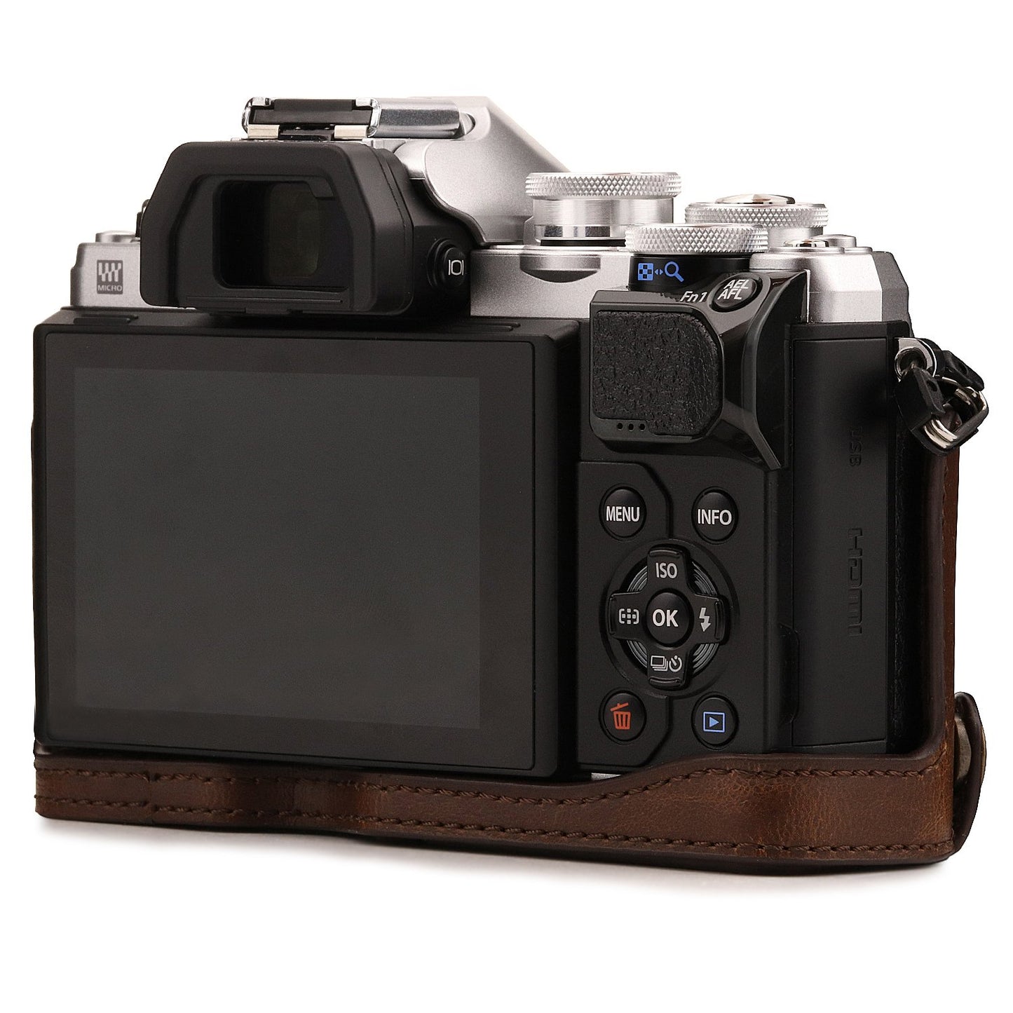 MegaGear MG1351 Olympus OM-D E-M10 Mark III Ever Ready Leather Camera Half Case and Strap, with Battery Access, Dark Brown