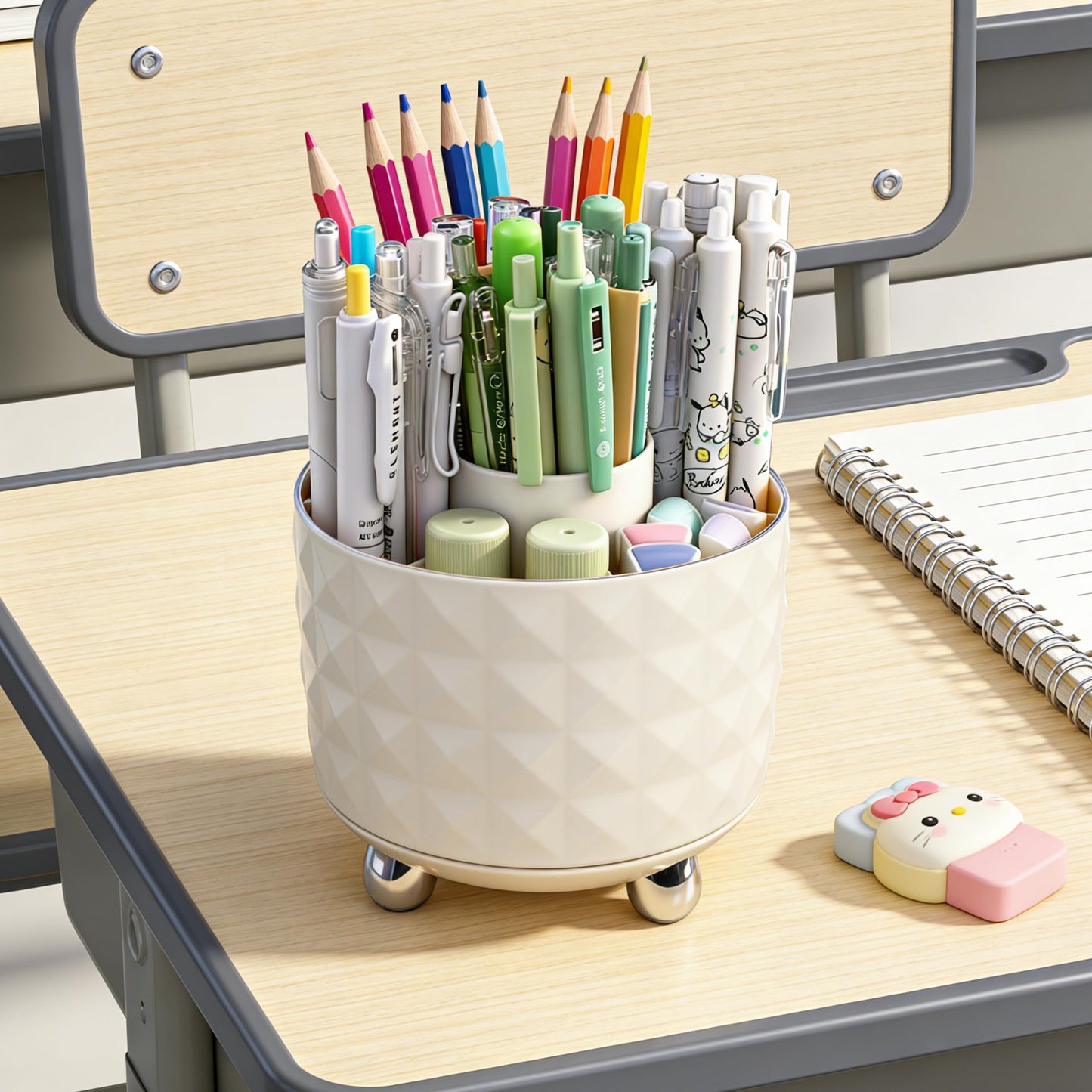 GOTOBA 360° Rotating Pencil Holder for Desk, Makeup Brush Holder with 6 Slots, Desk Organizer for Writing Utensil, Office and School Supplies (Milky