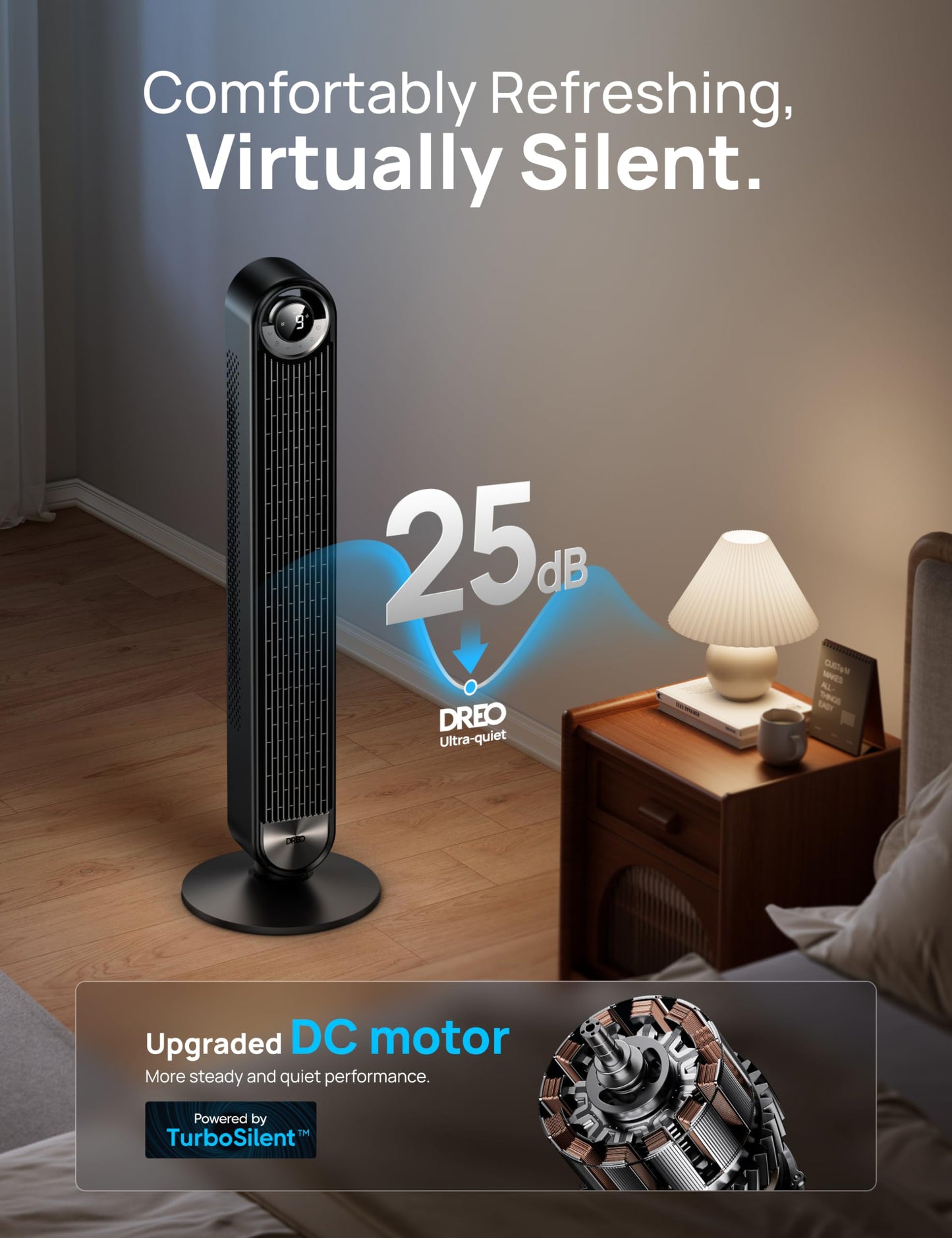 DREO Smart Tower Fans for Home, 90° Oscillating Fan Bedroom Indoors, Voice Control Floor with 12H Timer, 42 Inch Quiet Bladeless Standing LED Display