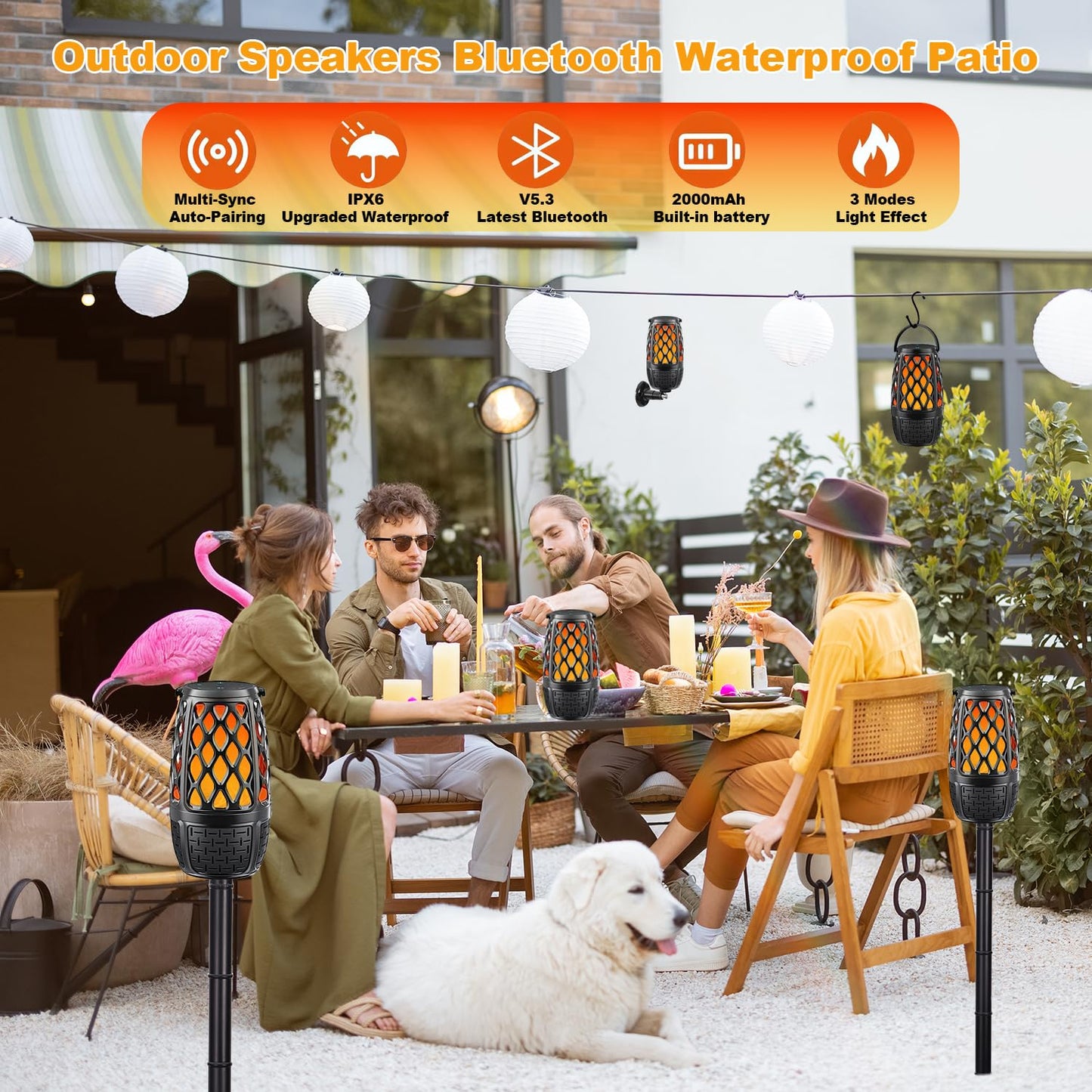 Upgraded Outdoor Bluetooth Speakers with Lights, IPX6 Waterproof Flame Atmosphere Outdoor Speaker, Auto-Pairing Multi-Sync up to 100 Speakers, Cool