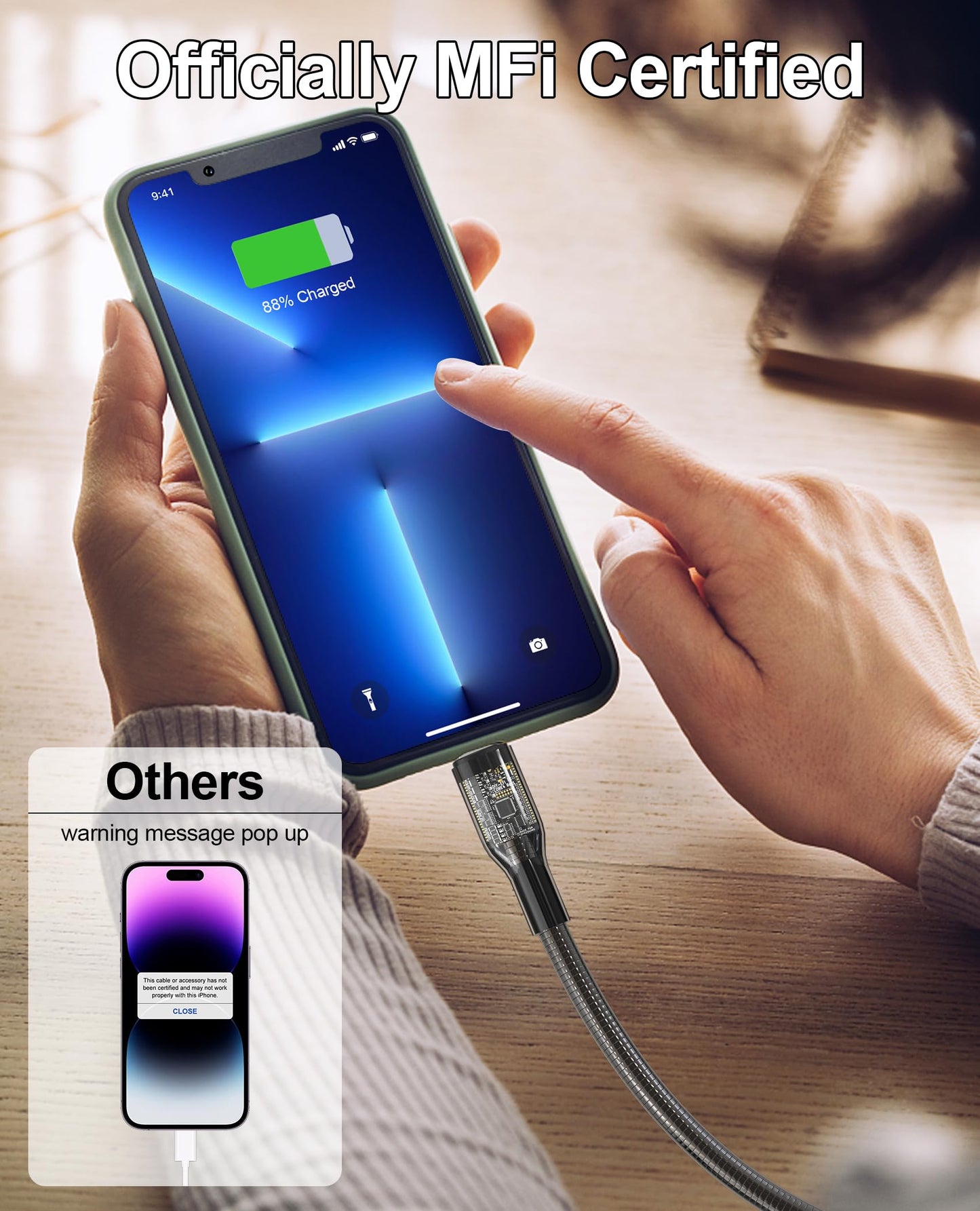 13Ft Metal Lightning Cable Pets Chew Proof iPhone Charger Cord - MFi Heavy Duty Metal Braided Cable Dog Puppy Cat Proof Cord with 3A Fast Charging…