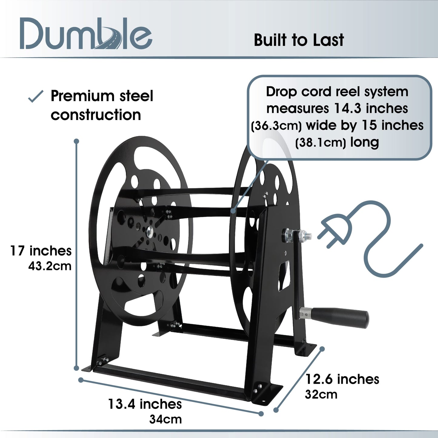 Dumble RV Extension Cord Reel Stand - 50-100ft Black Steel RV Electrical Cord Roll Up or Camper Hose Organizer Spool