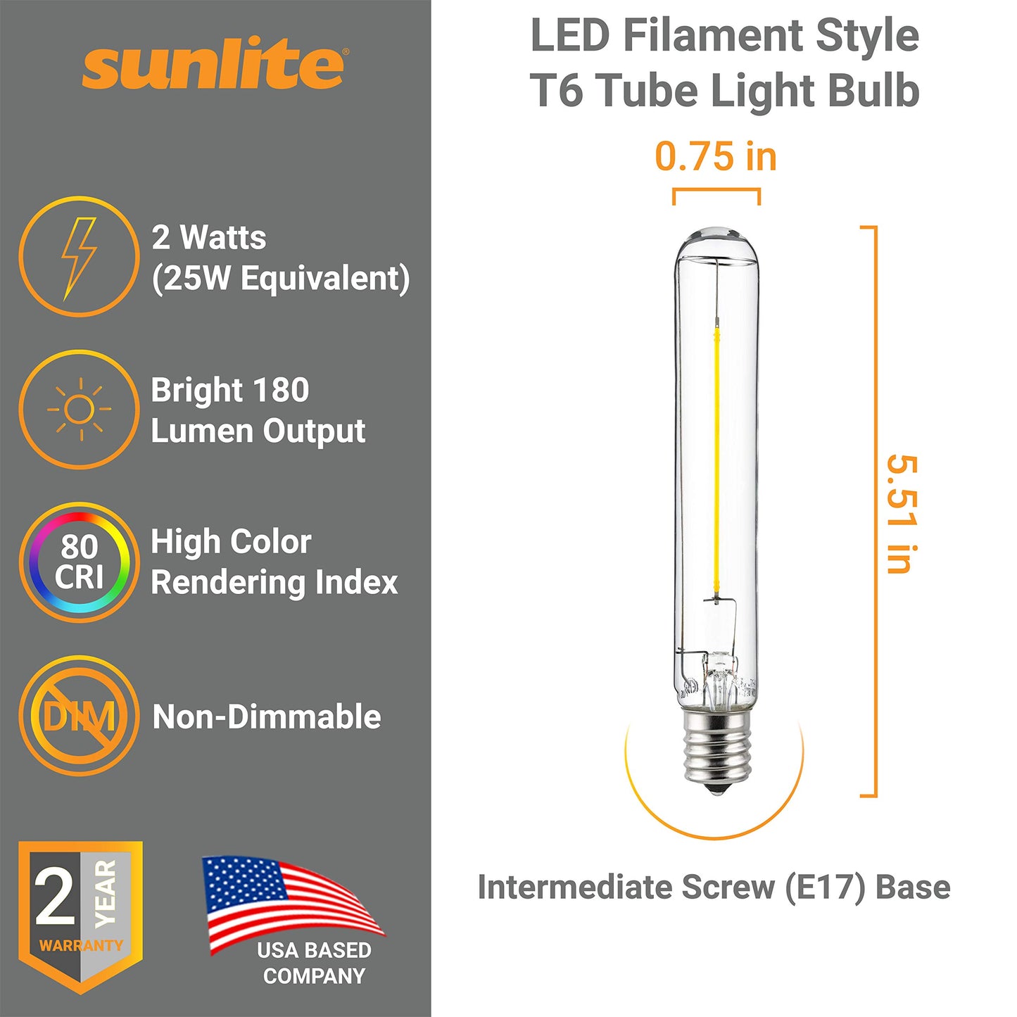 Sunlite LED Filament T6 T6.5 Tubular Light Bulb, 2 Watts (25W Equivalent), 180 Lumens, Intermediate E17 Base, Non-Dimmable, 139 mm, ETL Listed, 2700K