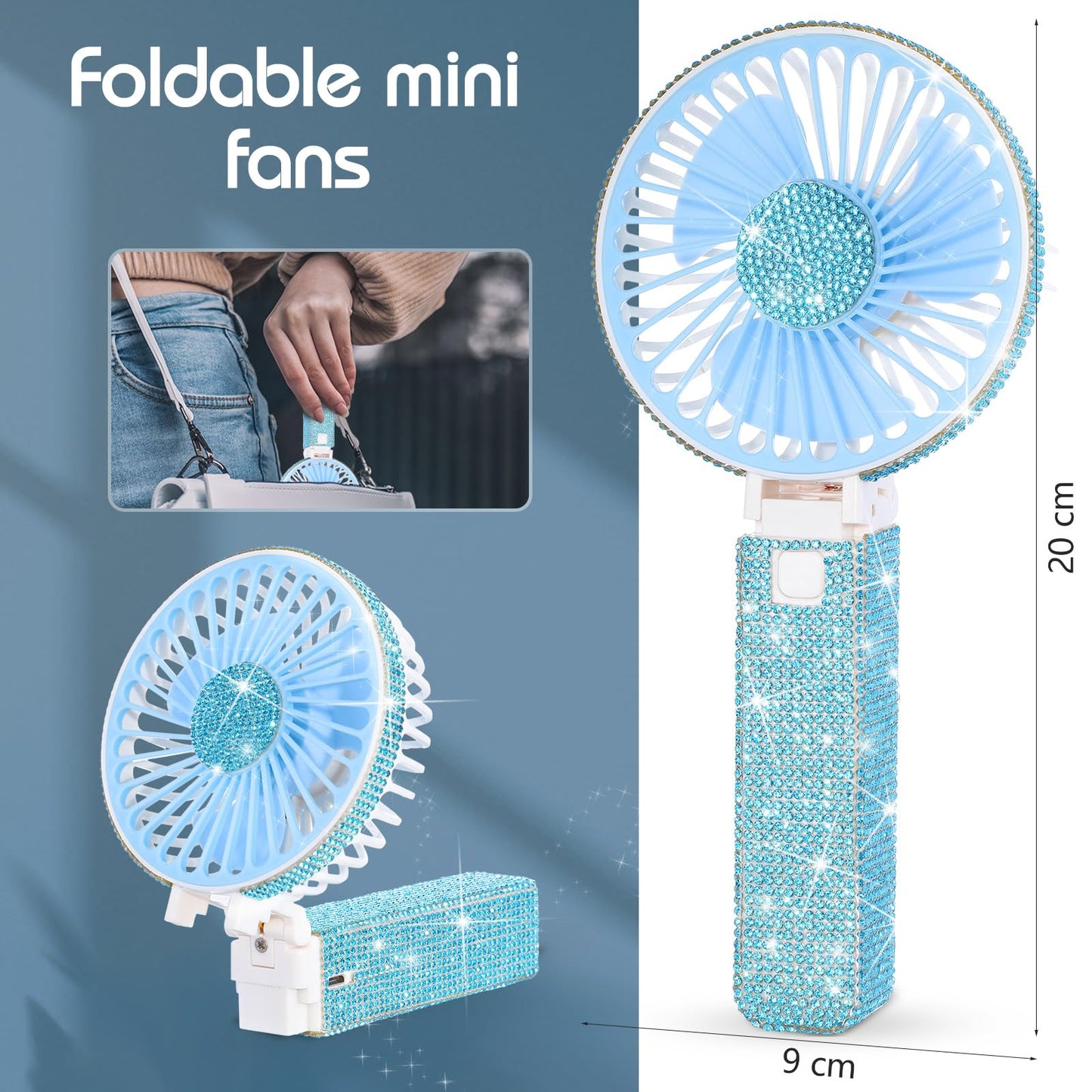 Mudder Rhinestone Bling Handheld Bride Fan Crystal, Blue, Foldable