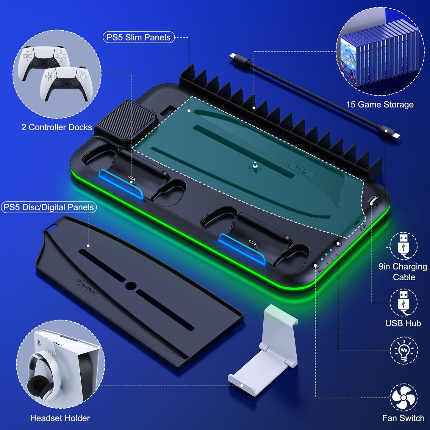 PS5 Slim Stand and Turbo Cooling Station with Controller Charging Station for Playsation 5, PS5 Accessories Kits Incl. 3 Levels Cooling Fan, 15 Game