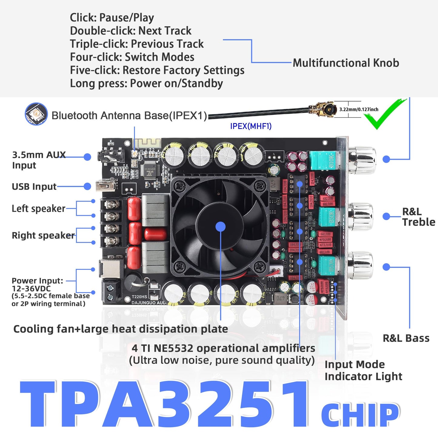 T220HS 220W+220W Power Amplifier Board with Subwoofer 2.0 Channel, 12V-36V Audio Power Amplifier Module with Treble and Bass Control