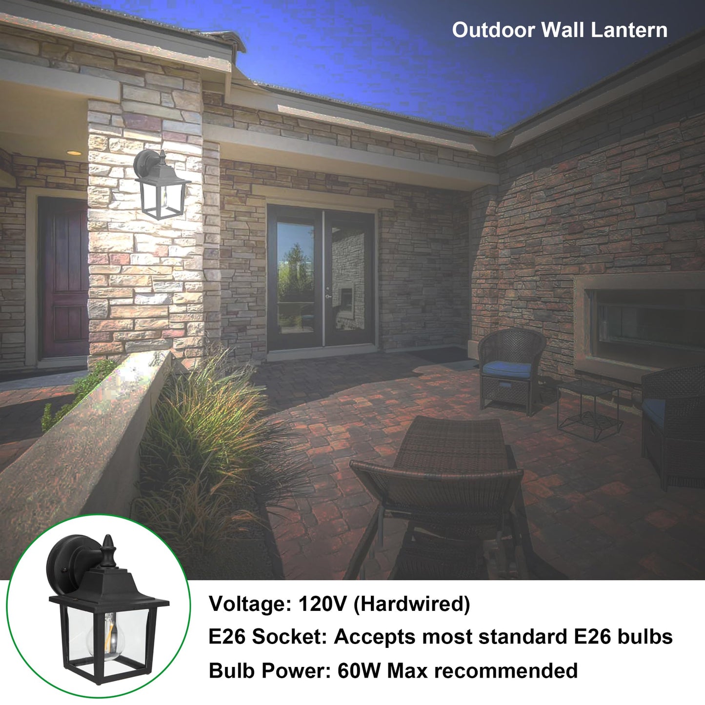 LIT-PaTH Outdoor Wall Lantern, Wall Sconce as Porch Lighting Fixture, E26 Medium Base 60W Max., Aluminum Housing Plus Glass, Bulbs NOT Included, Matte