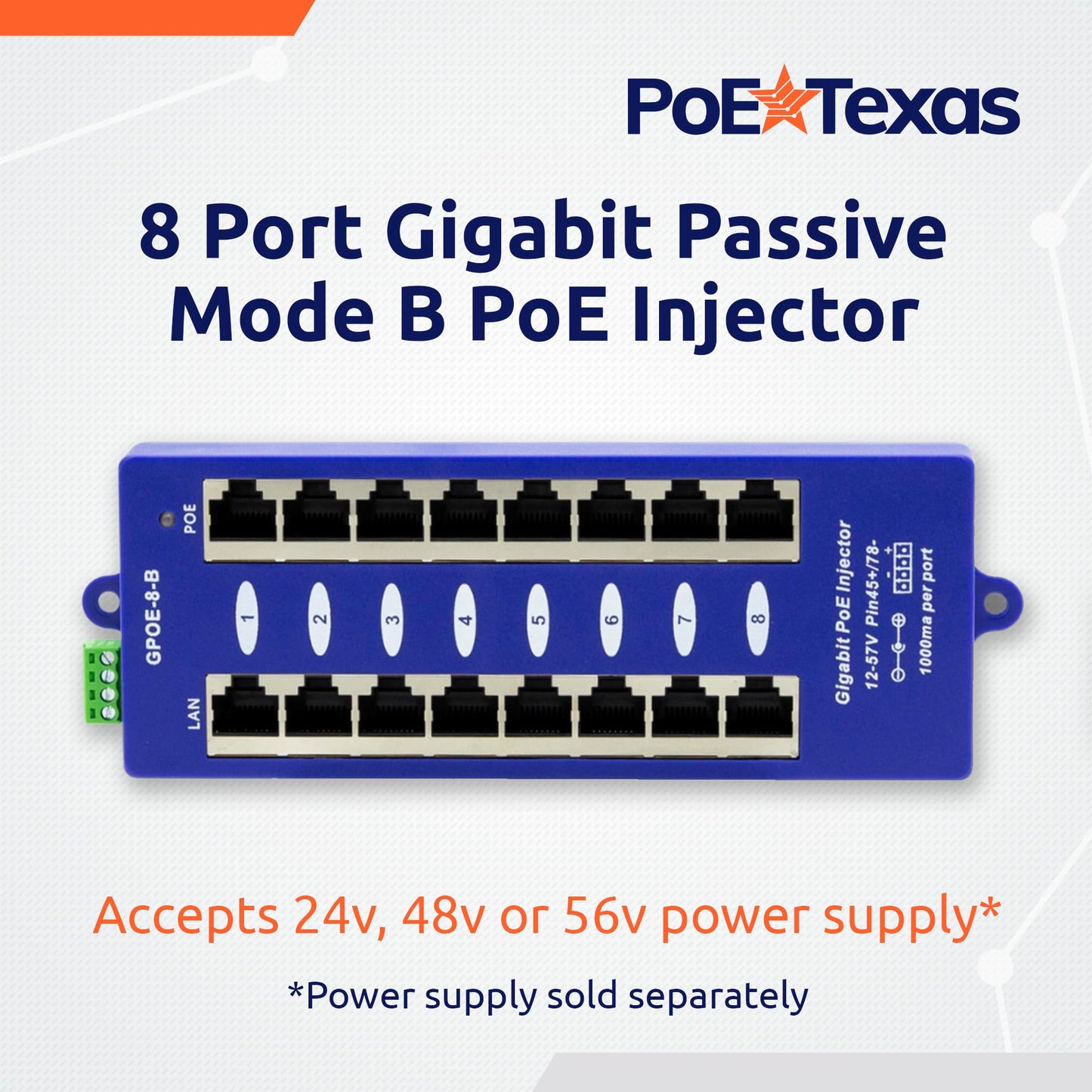 PoE Texas GPOE-8B - 8 Port Gigabit Passive Mode B Power Over Ethernet Injector for Ubiquiti, Mikrotik & More - Add PoE to Non-PoE Switch - 24v, 48v or