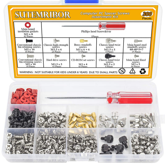 Sutemribor 300PCS Personal Computer Screw Standoffs Set Assortment Kit with a Screwdriver for Hard Drive Computer Case Motherboard Fan Power Graphics