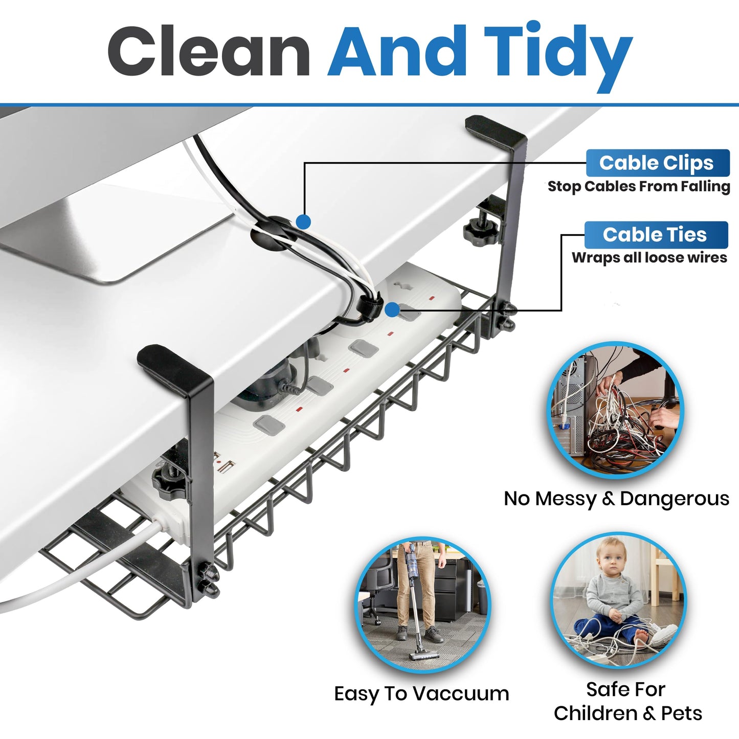 Under Desk Cable Management Tray, 16” No Drill Cord Organizer with Clamps for Wire Management, 4mm Sturdy Wire Desk Cable Organizer Tray, Cable