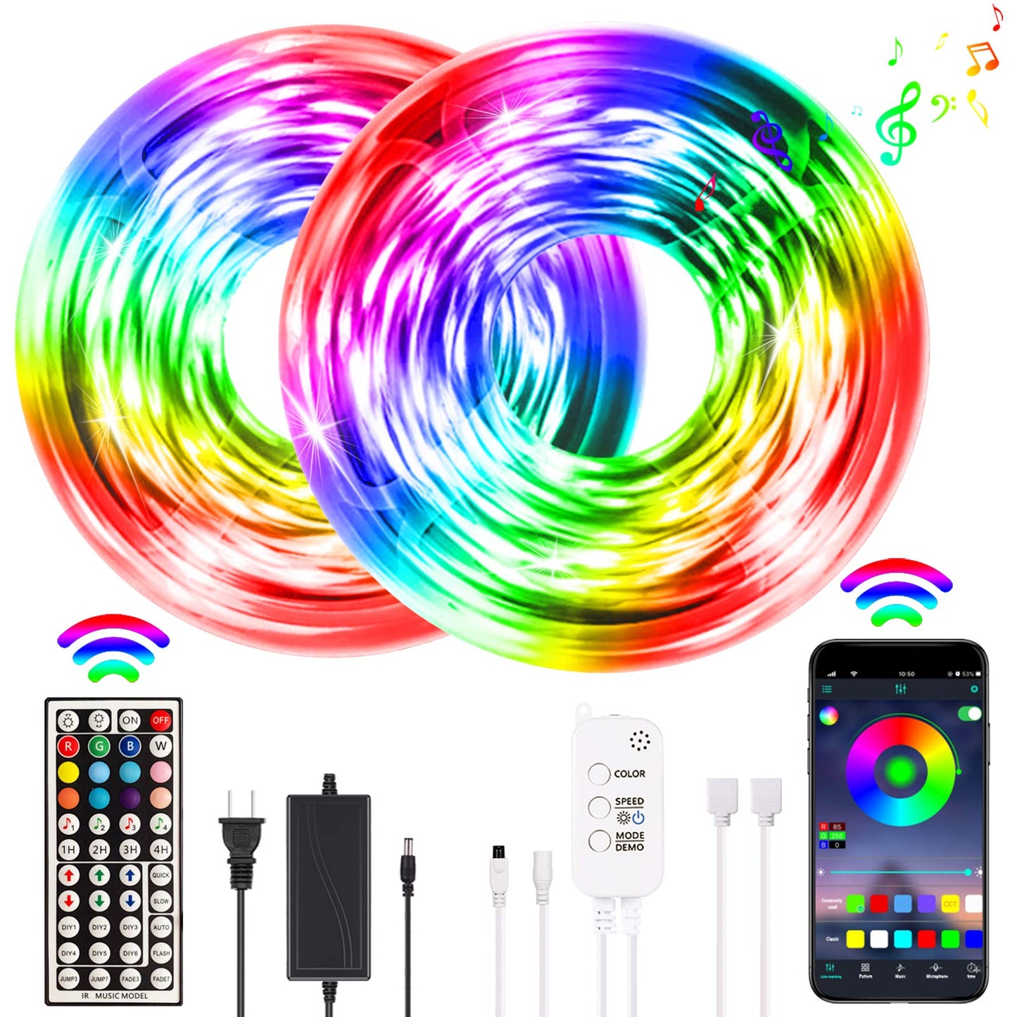 Jeryyen Led Strip Lights 33ft RGB Led Lights Led Strips Smart Led Lights Strip Music Sync Color Changing with Remote and App Control Led Lights