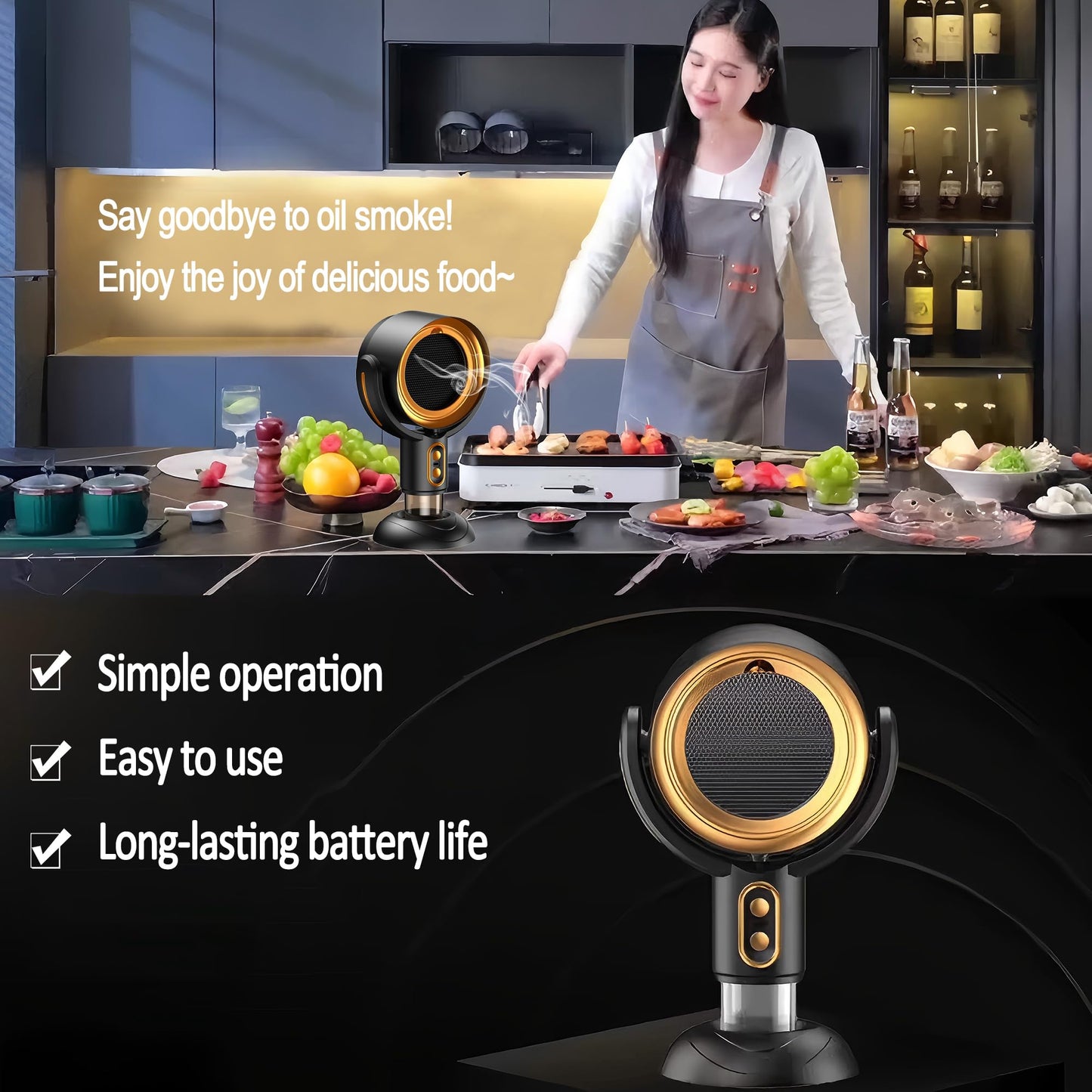 PuffHide Portable Smoke Purifier, 2-Speed Exhaust Fan with Adjustable Angle, Compact Air Cleaner for Kitchen Cooking, Indoor BBQ & Grill, Black Gold