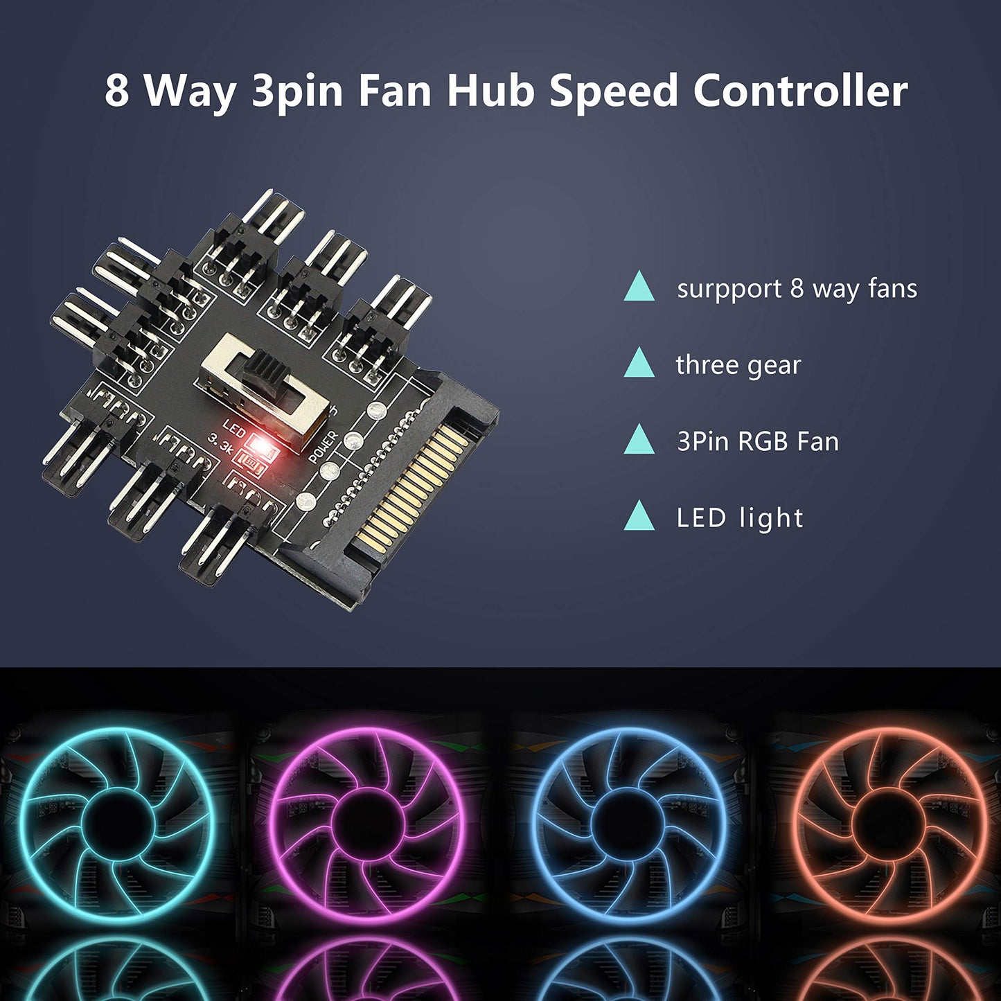 PWM Fan Hub, Fan Controller ,SATA 1 to 8 Way12V 3 PIN Cooling Fan Splitter Controller for PC Desktop Computer Motherboard(12V 3-Pin)