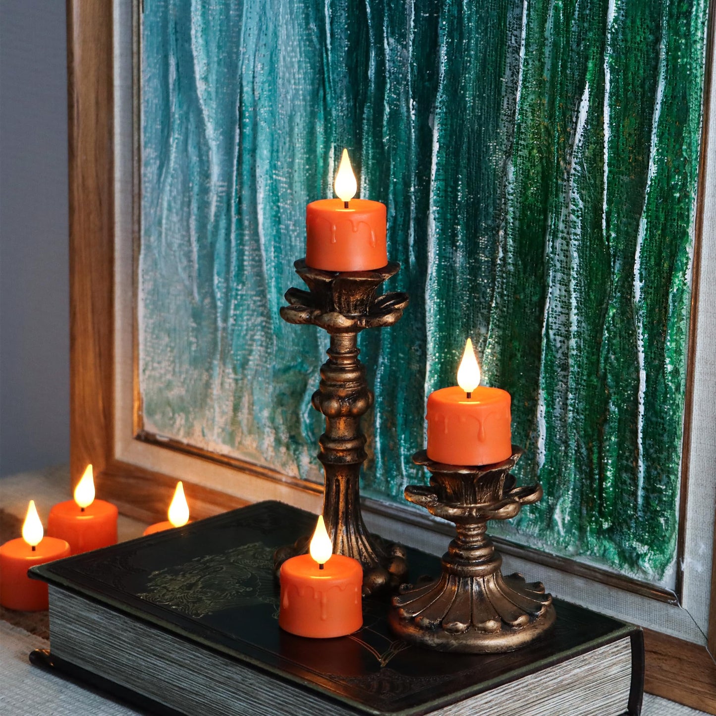 FREEPOWER Orange Halloween Candles,Rechargeable Flameless Candles with Remote Timer, Soft 3D Wick LED Tealights Candle, Rechargeable Candles