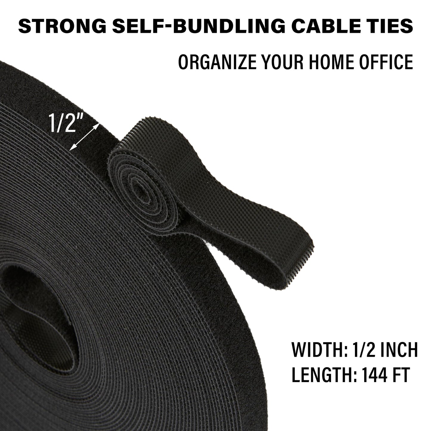 144 ft x 1/2 inch Hook and Loop Roll, Reusable Fastening Cable Ties, Multi-Purpose Cable Management Wire Ties Cable Straps for Organizing Home, Office