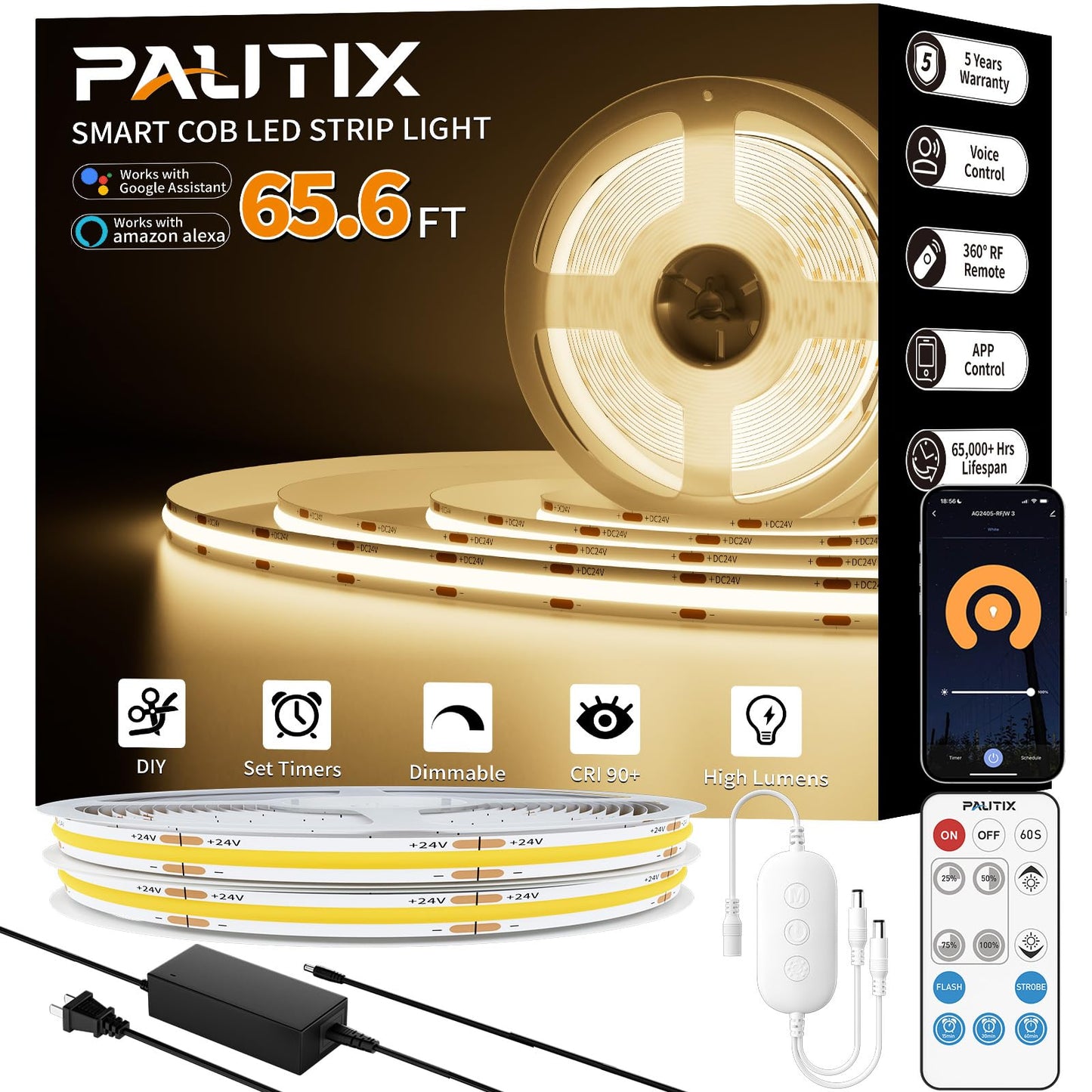 PAUTIX COB LED Strip Light 65.6ft/20m,Work with Alexa/Google Assistant,9600 LEDs Warm White 3000K,CRI93+ Super Bright High Lumen,Dimmable 24V Flexible