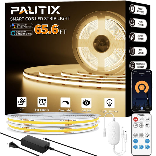 PAUTIX COB LED Strip Light 65.6ft/20m,Work with Alexa/Google Assistant,9600 LEDs Warm White 3000K,CRI93+ Super Bright High Lumen,Dimmable 24V Flexible
