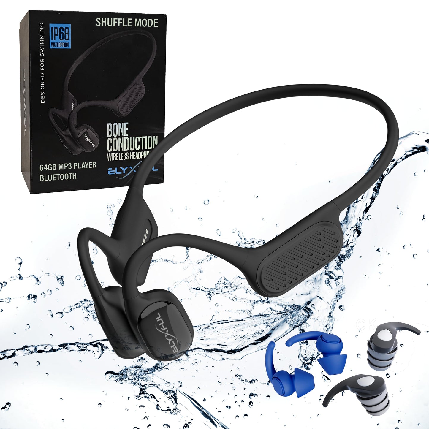ELYXFUL Bone Conduction Swimming Headphones, IP68 Waterproof Bluetooth & 64GB MP3 Player, Open-Ear Water Headphones for Swimming with Mic, Secure…