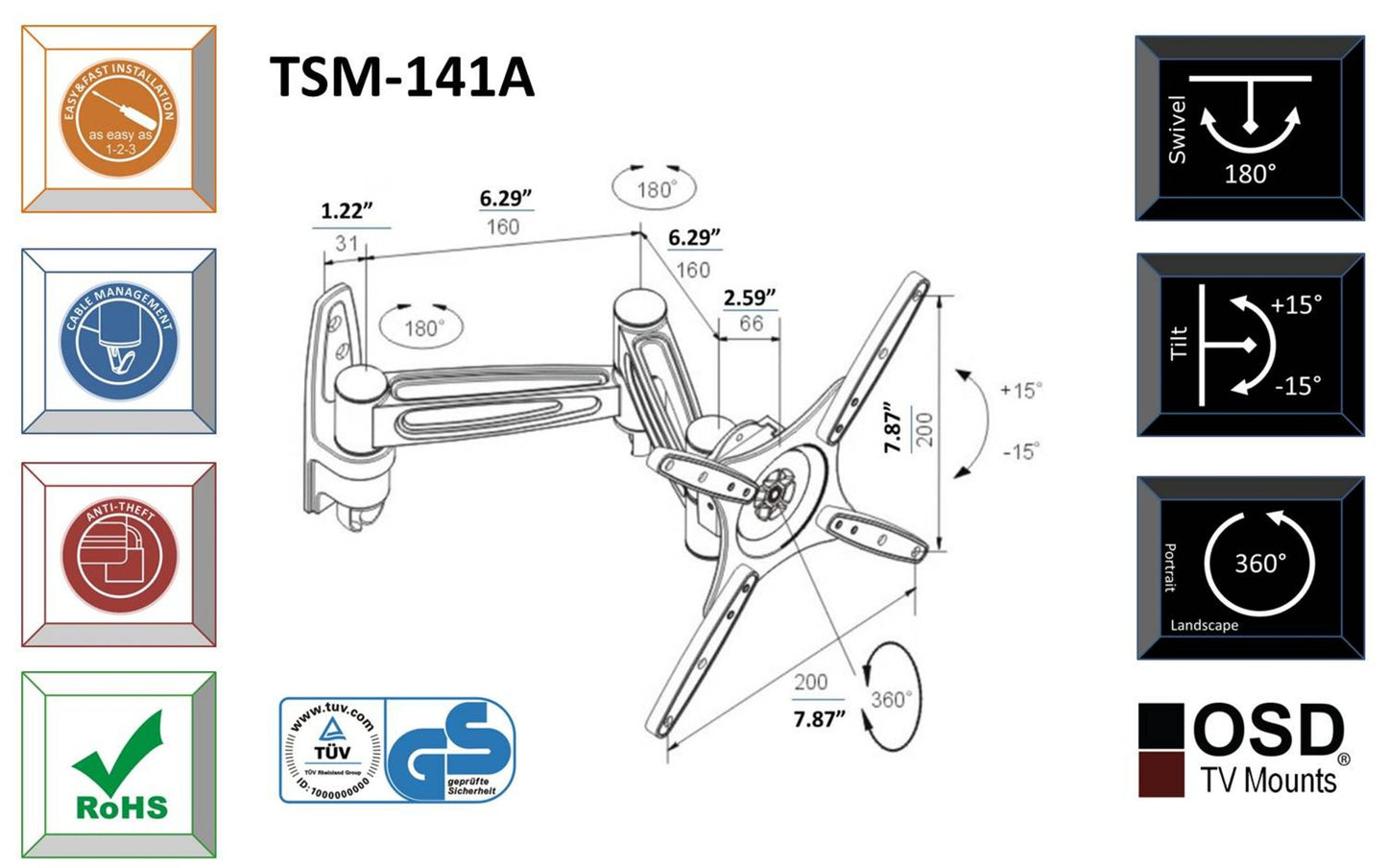 OSD Audio TSM-141A Dual Arm Full Motion Aluminum Wall Mount with Anti-Theft Design for 17 "- 37" TV