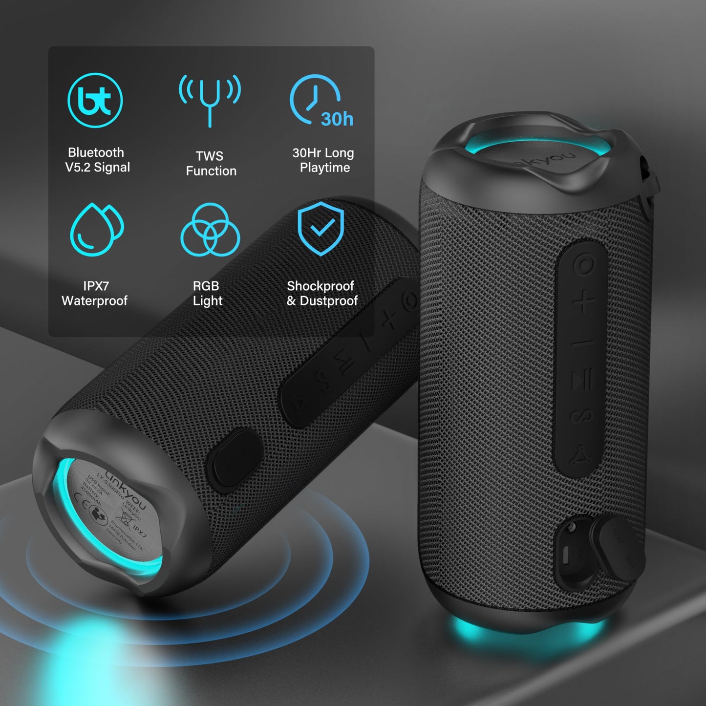 Generic Linkyou Bluetooth Speakers Portable Wireless Speaker with 30W Stereo Sound, Upgraded Portable Speaker Black, IPX7 Waterproof Shower Speaker