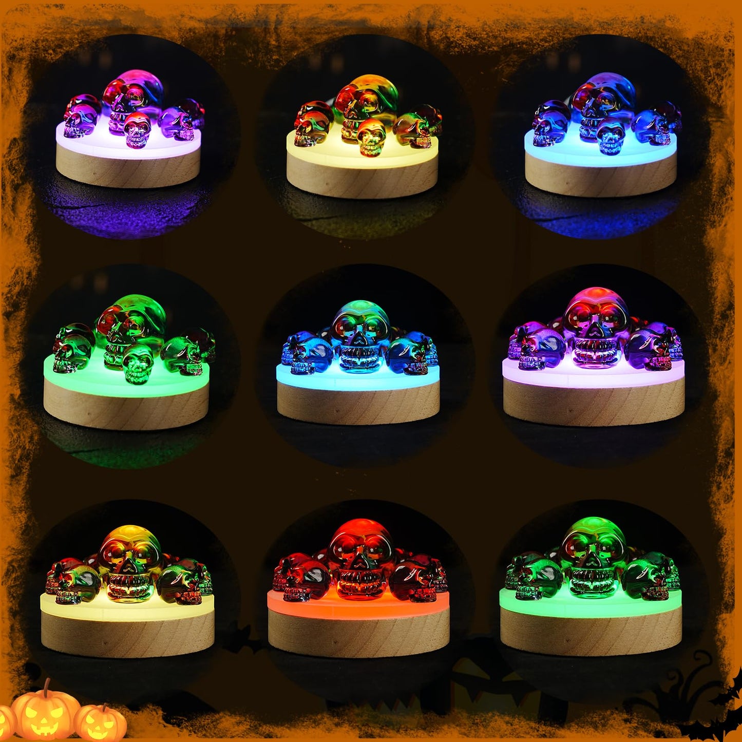 Crystal Skull Night Light with K9 Rainbow Skull , RGB LED Lighting &Wood color design Base Gift Box 7 Vibrant Color Changes,Gift for Halloween