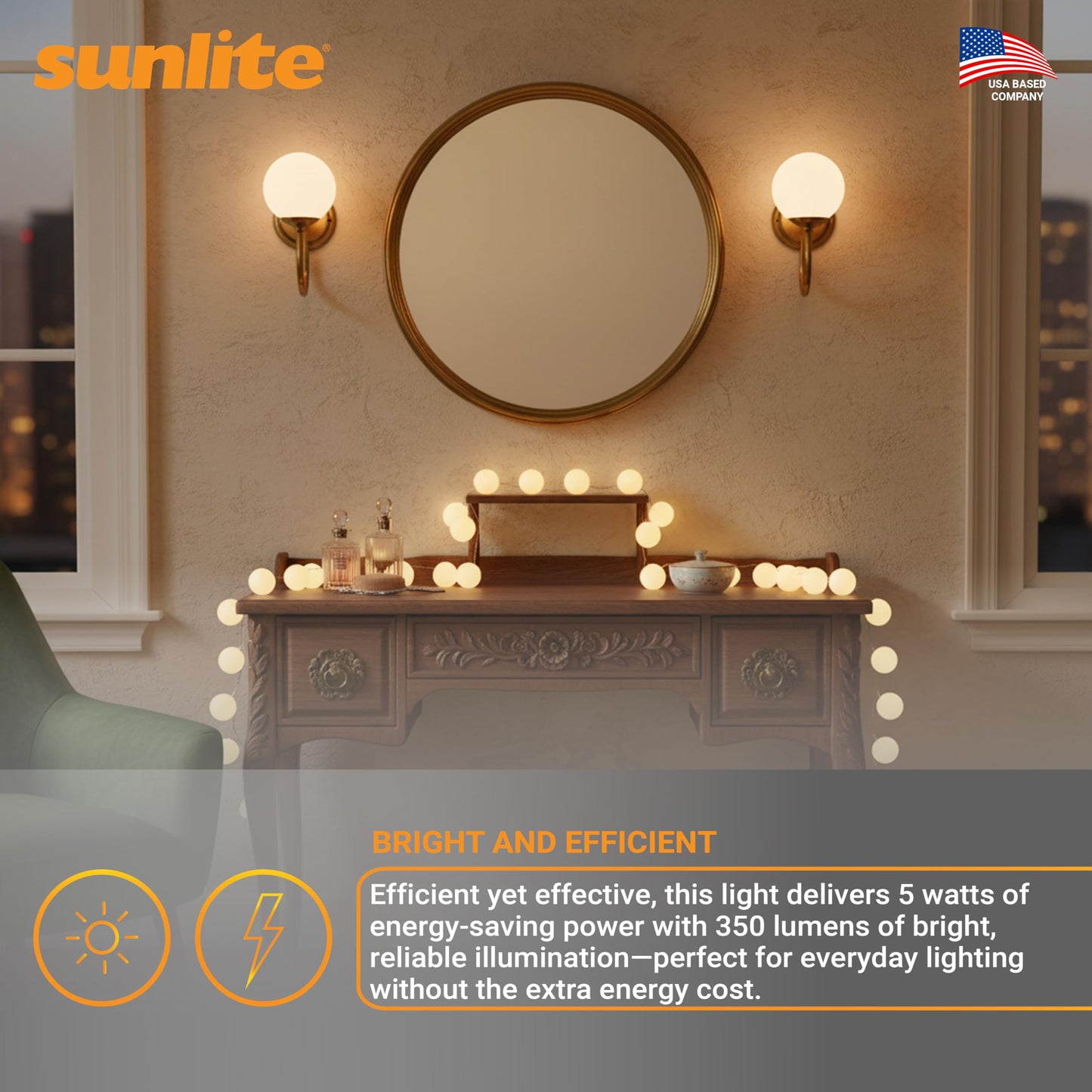 Sunlite LED G16.5 Light Bulb, 5 Watts (40W Equivalent), 350 Lumens, 90 CRI, Candelabra Base (E12), Frost, Dimmable, Title-20 Compliant, ETL Listed