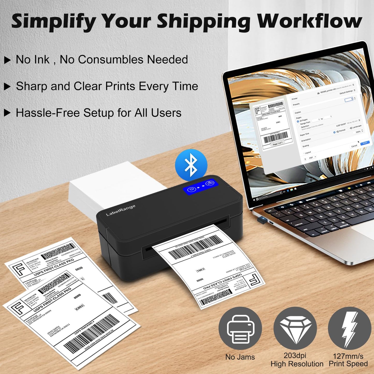 Bluetooth Thermal Label Printer for Mac, Windows, Phone, Tablet, Wireless 4x6 Shipping Label Printer for Shipping Packages, Support USPS, Ebay