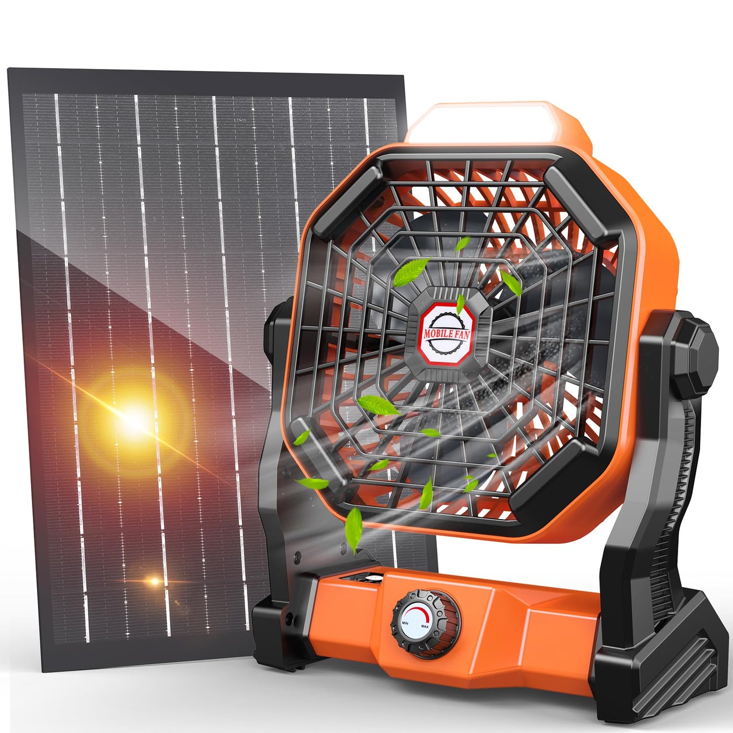 Solar Powered Fan, Camping Fan with LED Lantern 10400mAh, 7W 9-Inch Outdoor Battery Operated Fans with Solar Panel, Stepless Speed and Quiet Battery