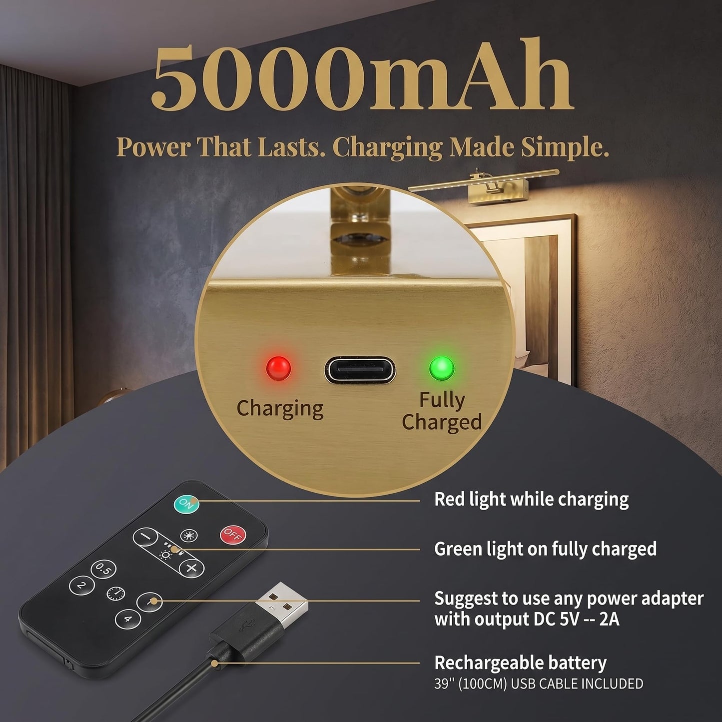 JOOSENLUX 16" Rechargeable Picture Light, Battery Operated Wireless Art Light with Remote, Dimmable Brass Gallery Wall Lamp for Paintings