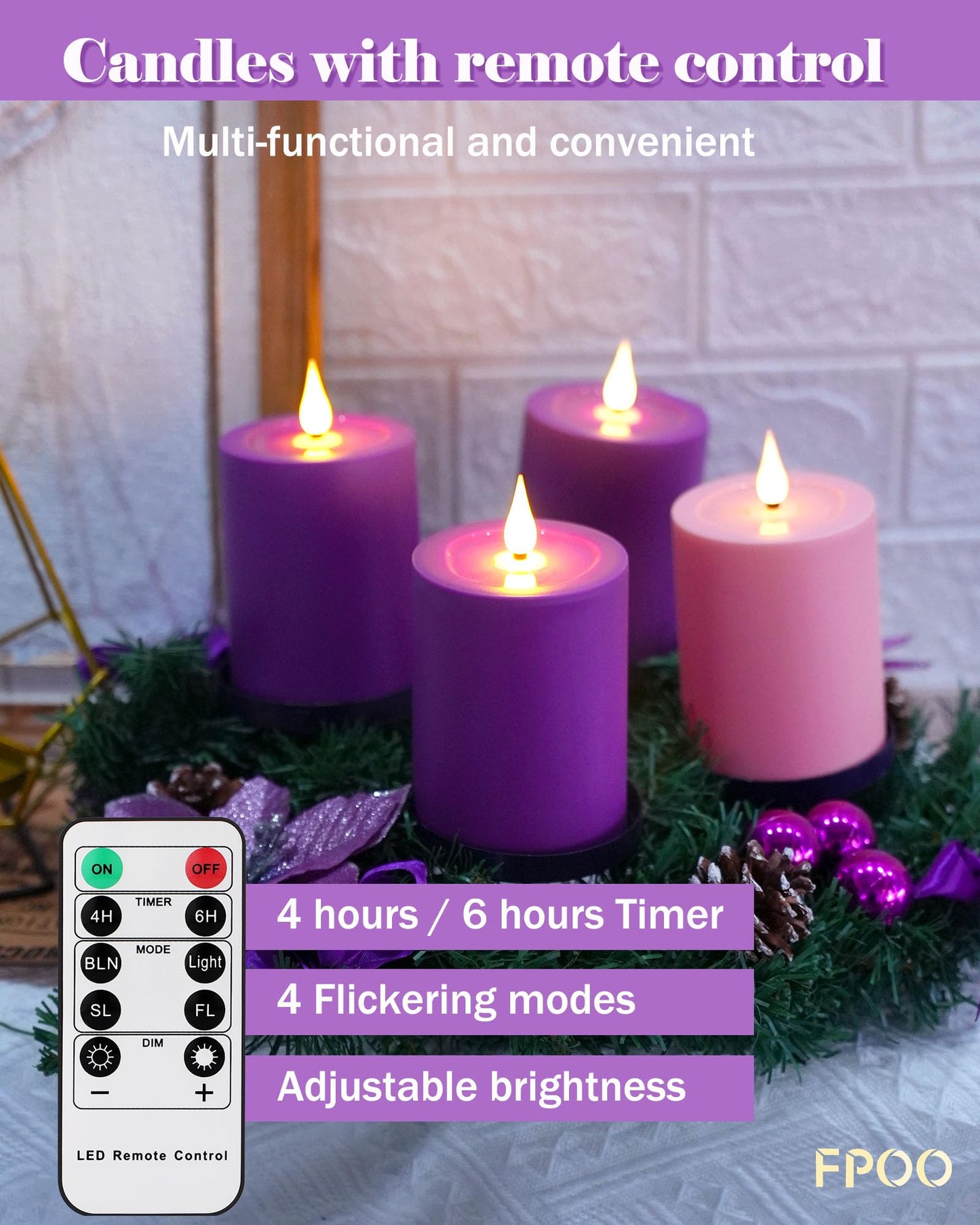 FPOO Advent Candles Battery Operated Set of 4, Flameless Candles with Remote Timer for Advent Wreath Church Décor (3‘’x 5‘’)