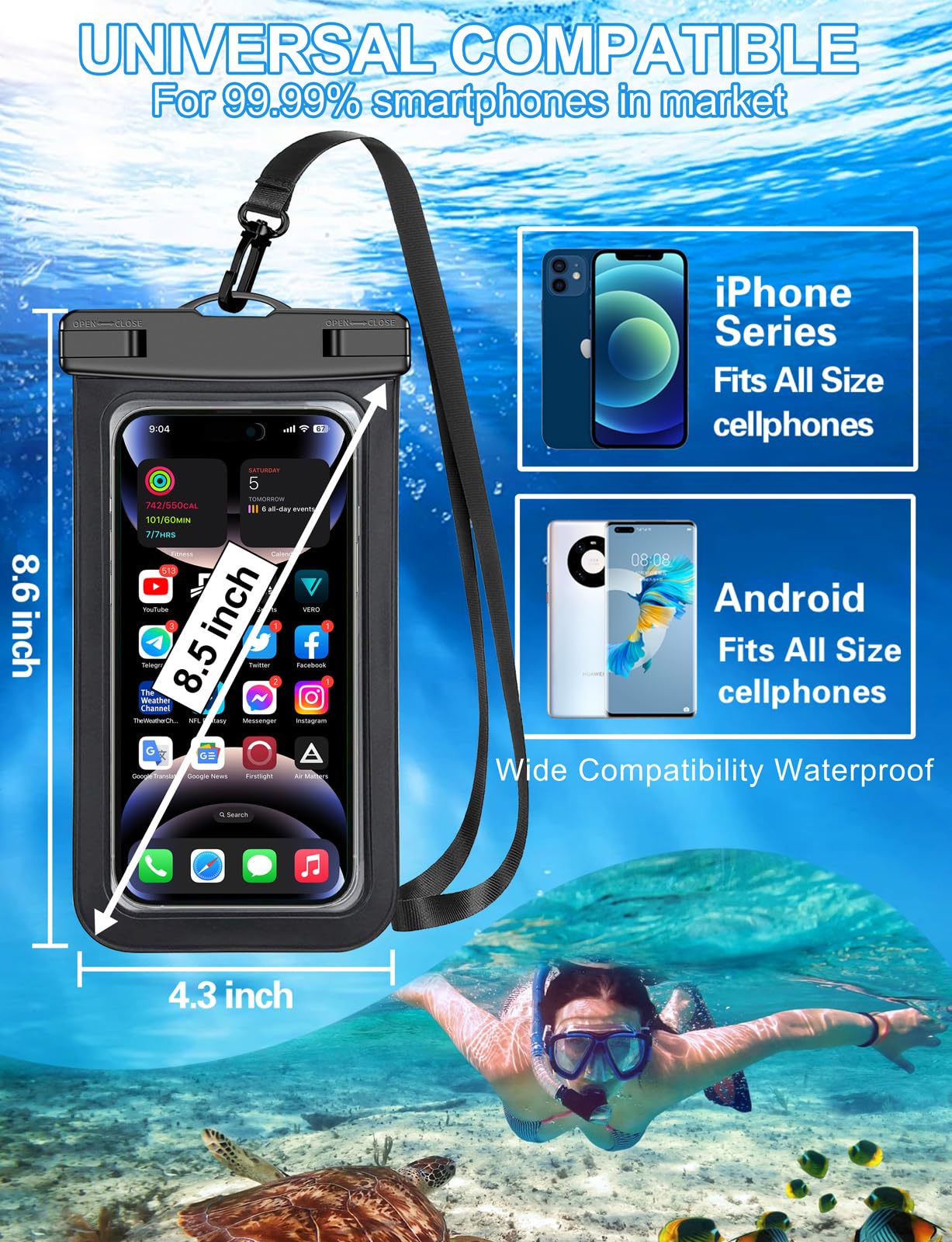 Waterproof Phone Pouch, Cell Phone Case Dry Bag,Protection Level: IP68,Beach Cruise for iPhone,Samsung,and More,Lanyard Included,(Fits Up to 8.3")