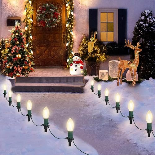 USOKYO 45Ft C9 Led Christmas Pathway Lights Outdoor, 30 Warm White Bulbs Waterproof Connectable Christmas Walkway Lights for Driveway, Yard, Lawn