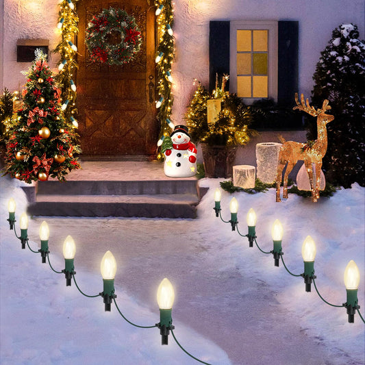 USOKYO 45Ft C9 Led Christmas Pathway Lights Outdoor, 30 Warm White Bulbs Waterproof Connectable Christmas Walkway Lights for Driveway, Yard, Lawn