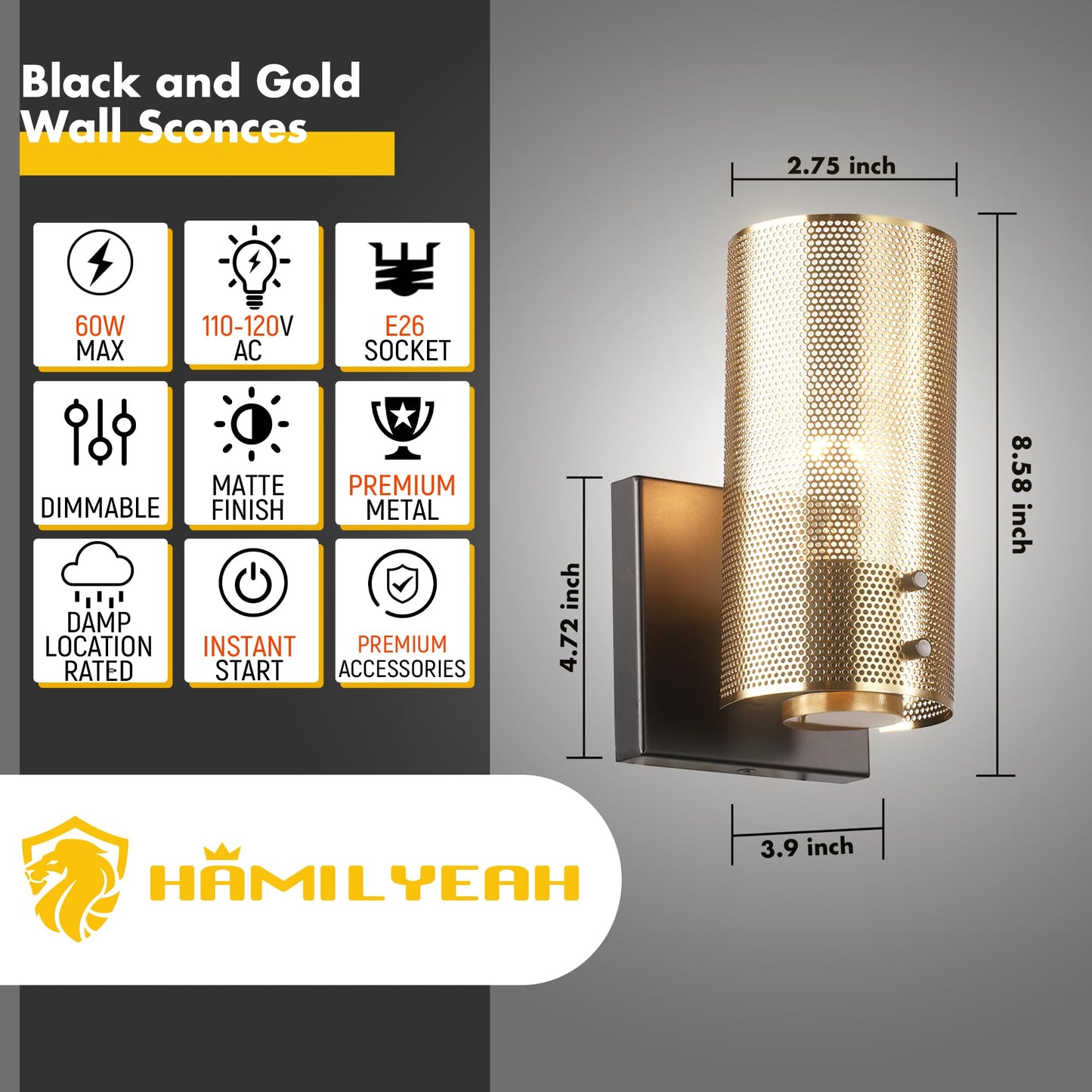 Hamilyeah Industrial Wall Sconces Set of Two, Vintage Brass Gold Sconces Wall Lighting Fixture with Grid Mesh Shade, Indoor Hardwired Wall Sconces