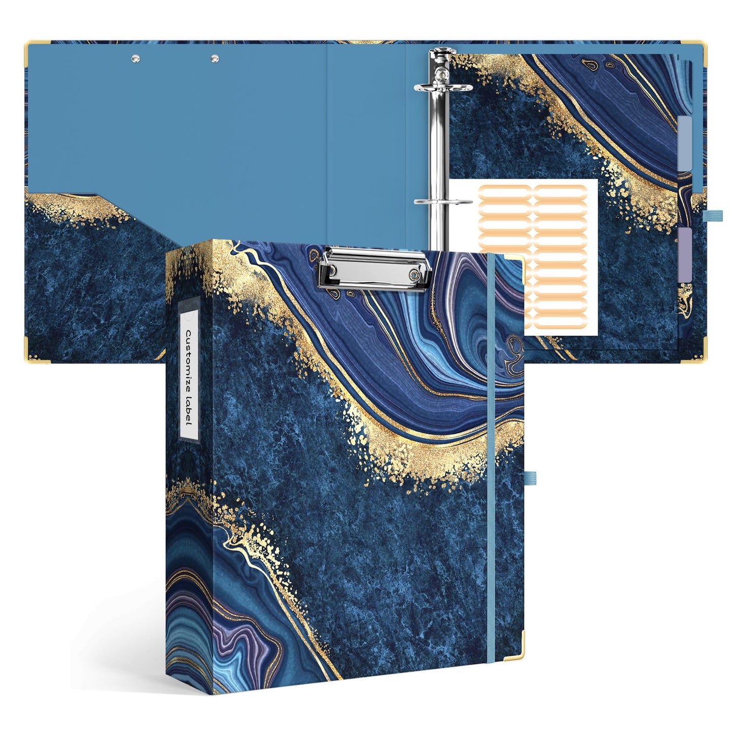 Ospelelf 3 Ring Binder, 2 Inch Letter Size (11" x 8.5") with 5 Tab Dividers, File Folder Labels and Low Profile Clipboards, Blue Marble Binder