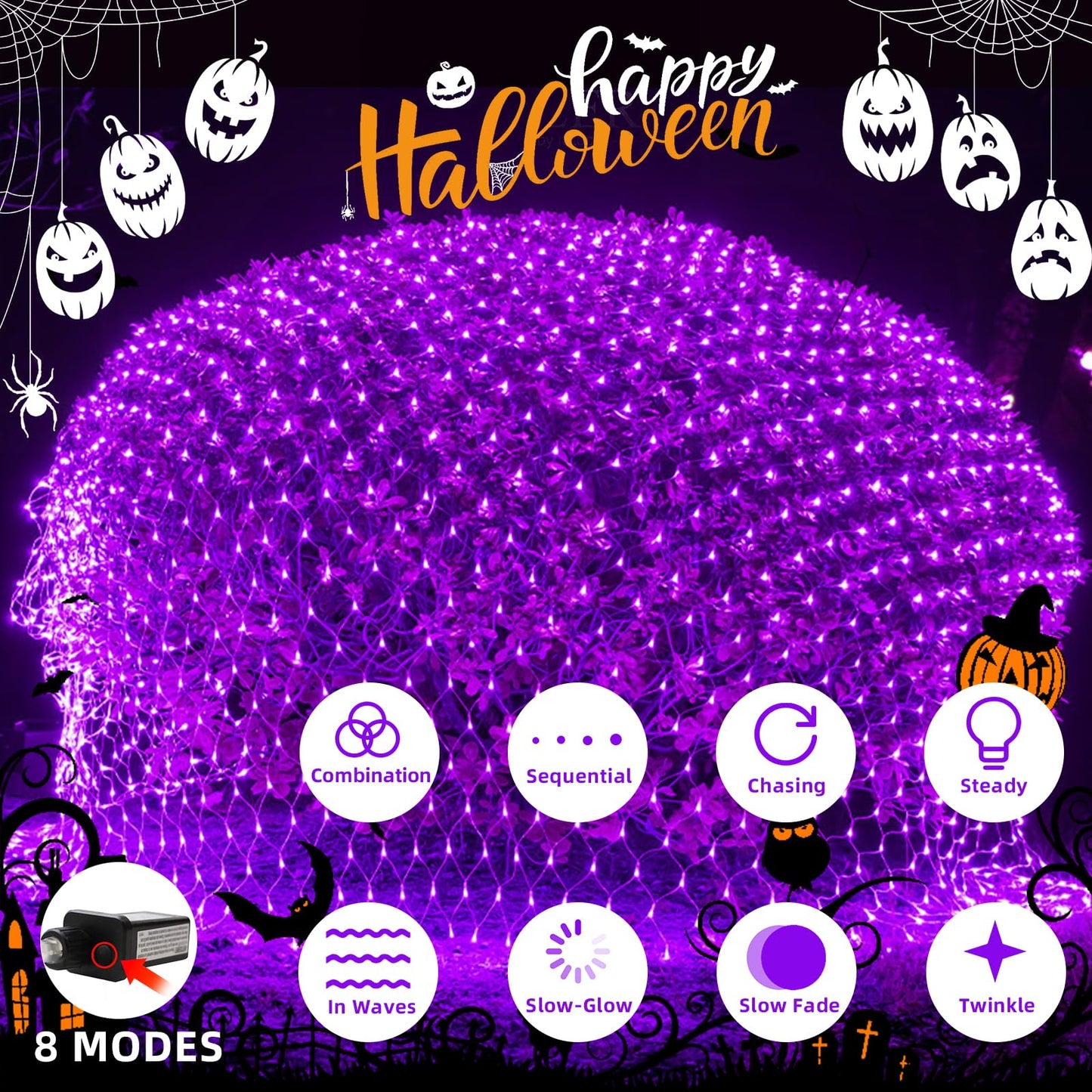 HeKation Halloween Net Lights Outdoor, Purple Halloween Net Mesh Lights 200 Led Bulbs Waterproof, for Indoor, Curtain, Tree, Bush, Party, Wedding